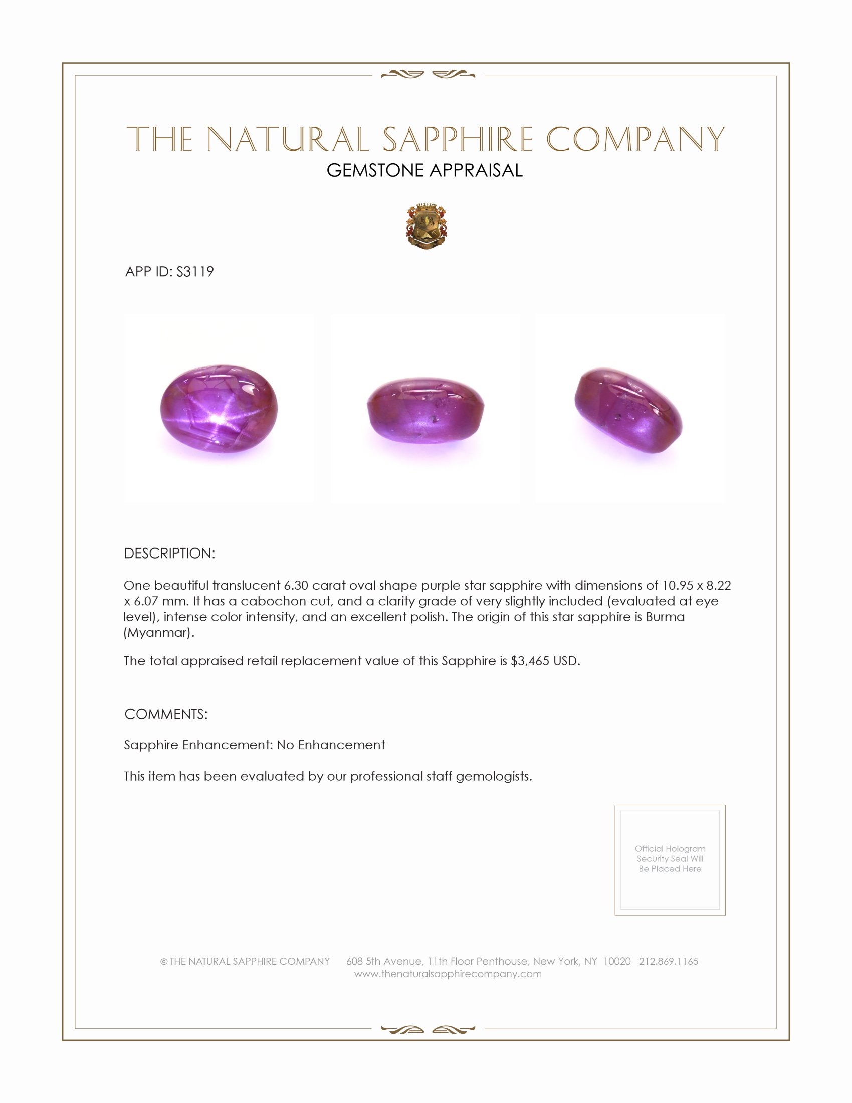 6.30 Ct. Purple Star Sapphire from Burma (Myanmar)