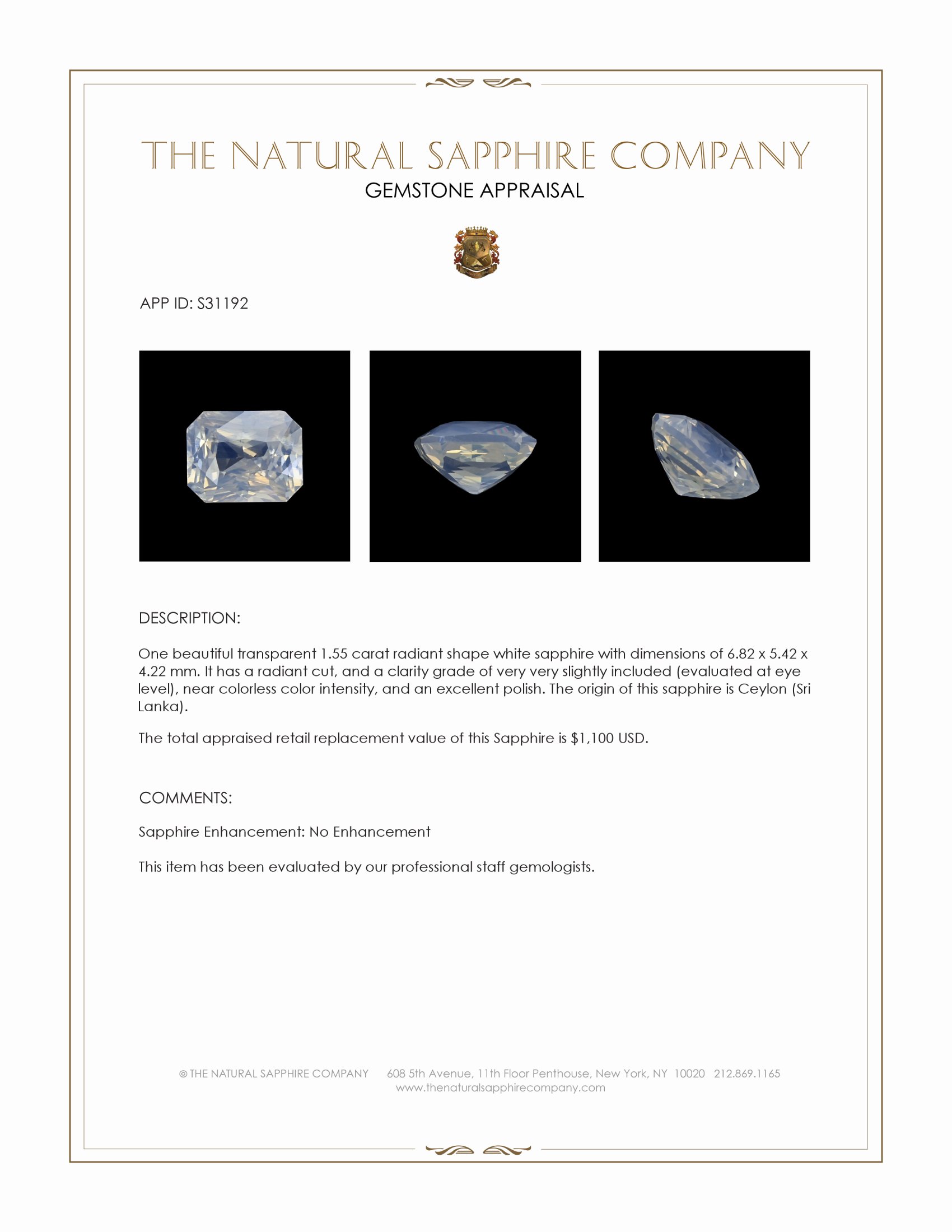 1.55 Ct. White Sapphire from Ceylon (Sri Lanka)