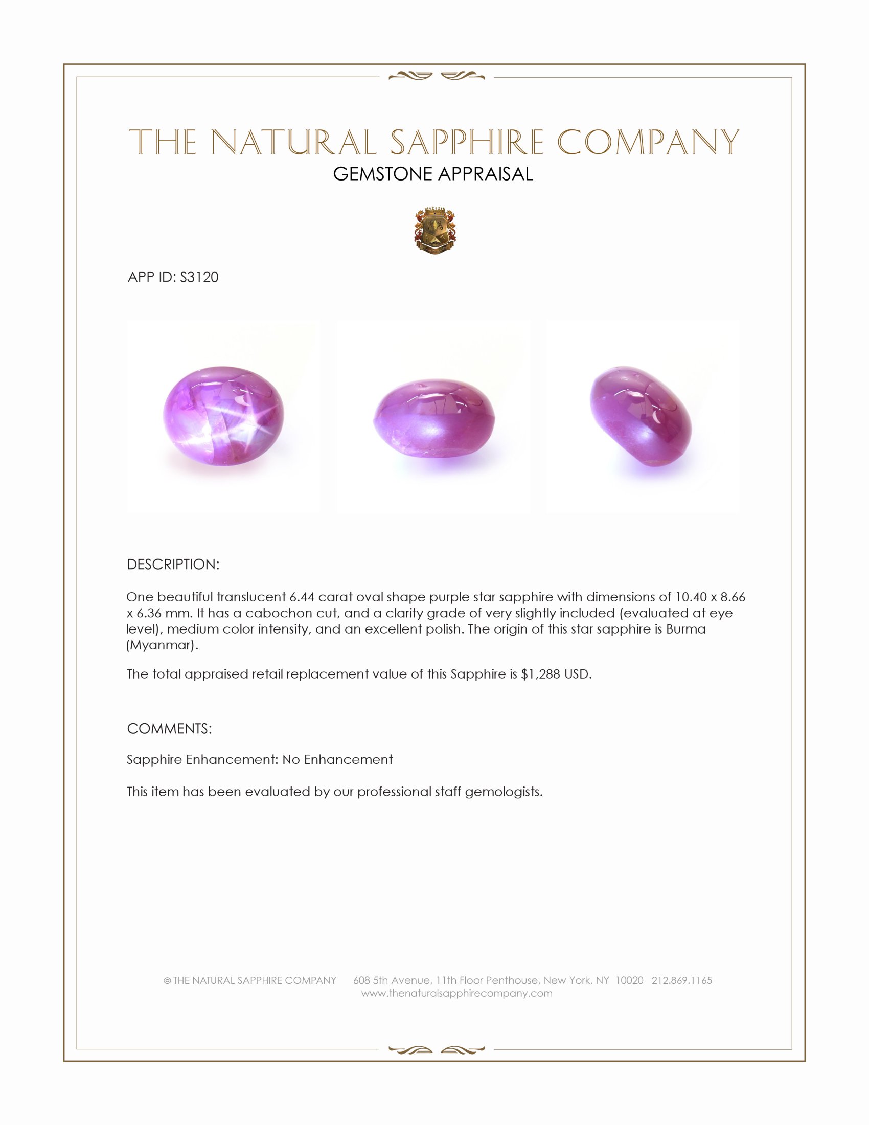 6.44 Ct. Purple Star Sapphire from Burma (Myanmar)