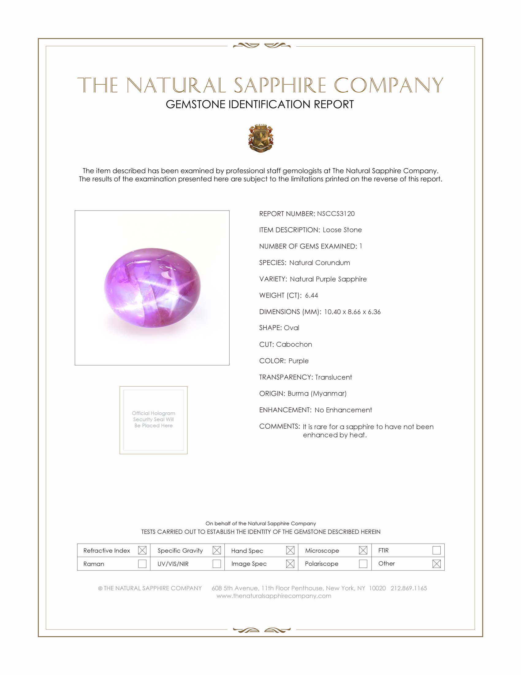 6.44 Ct. Purple Star Sapphire from Burma (Myanmar)