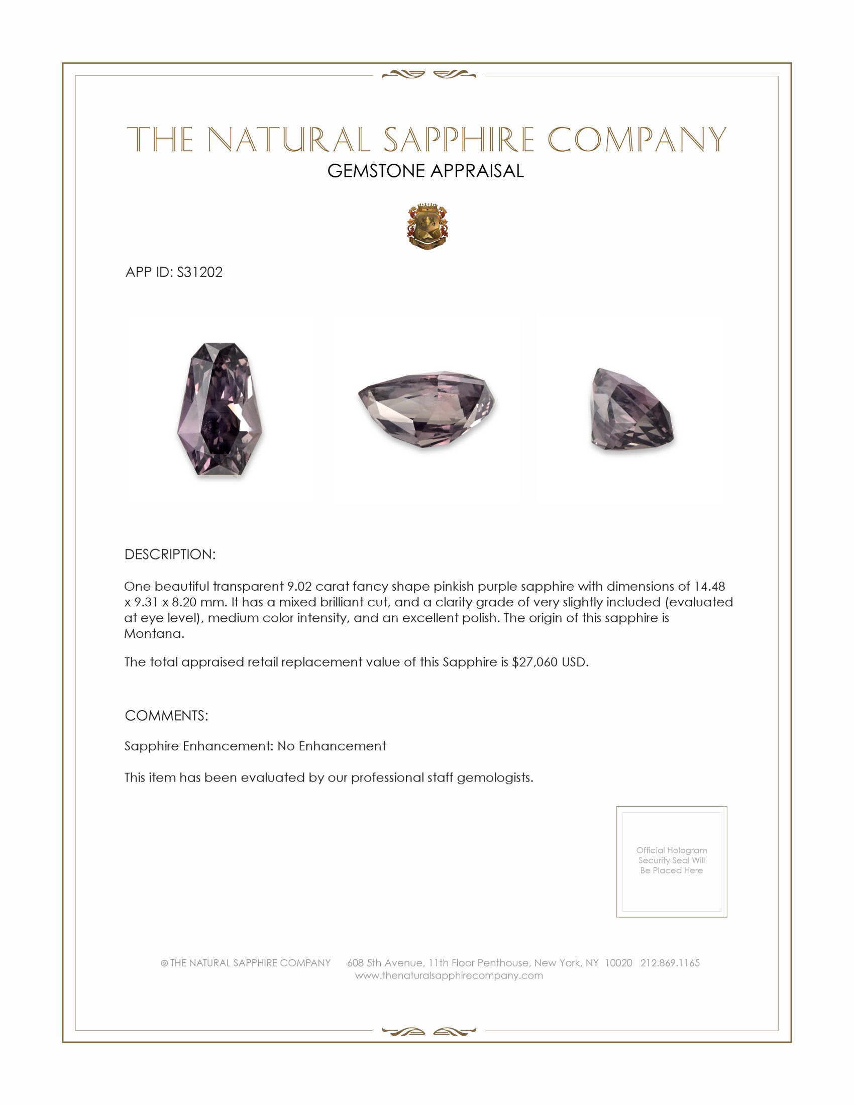 9.02 Ct. Pinkish Purple Sapphire from Montana