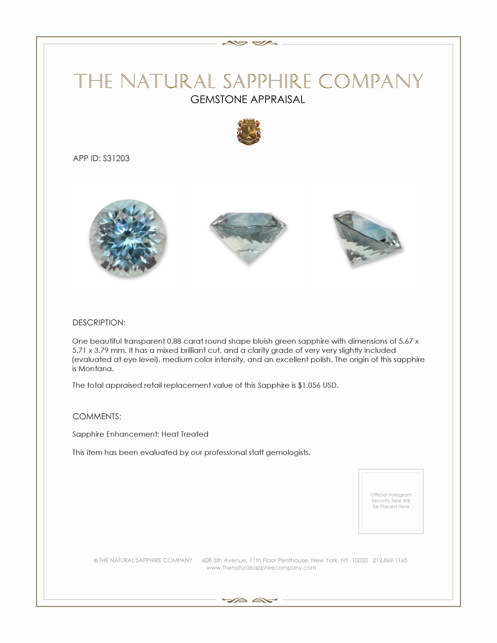 0.88 Ct. Bluish Green Sapphire from Montana