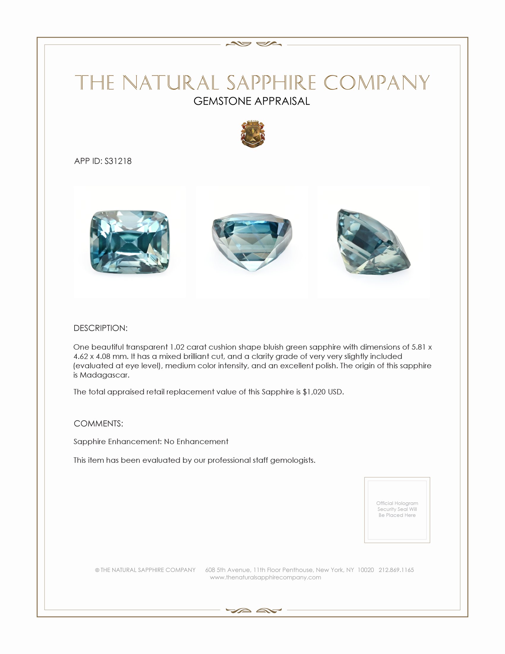 1.02 Ct. Bluish Green Sapphire from Madagascar