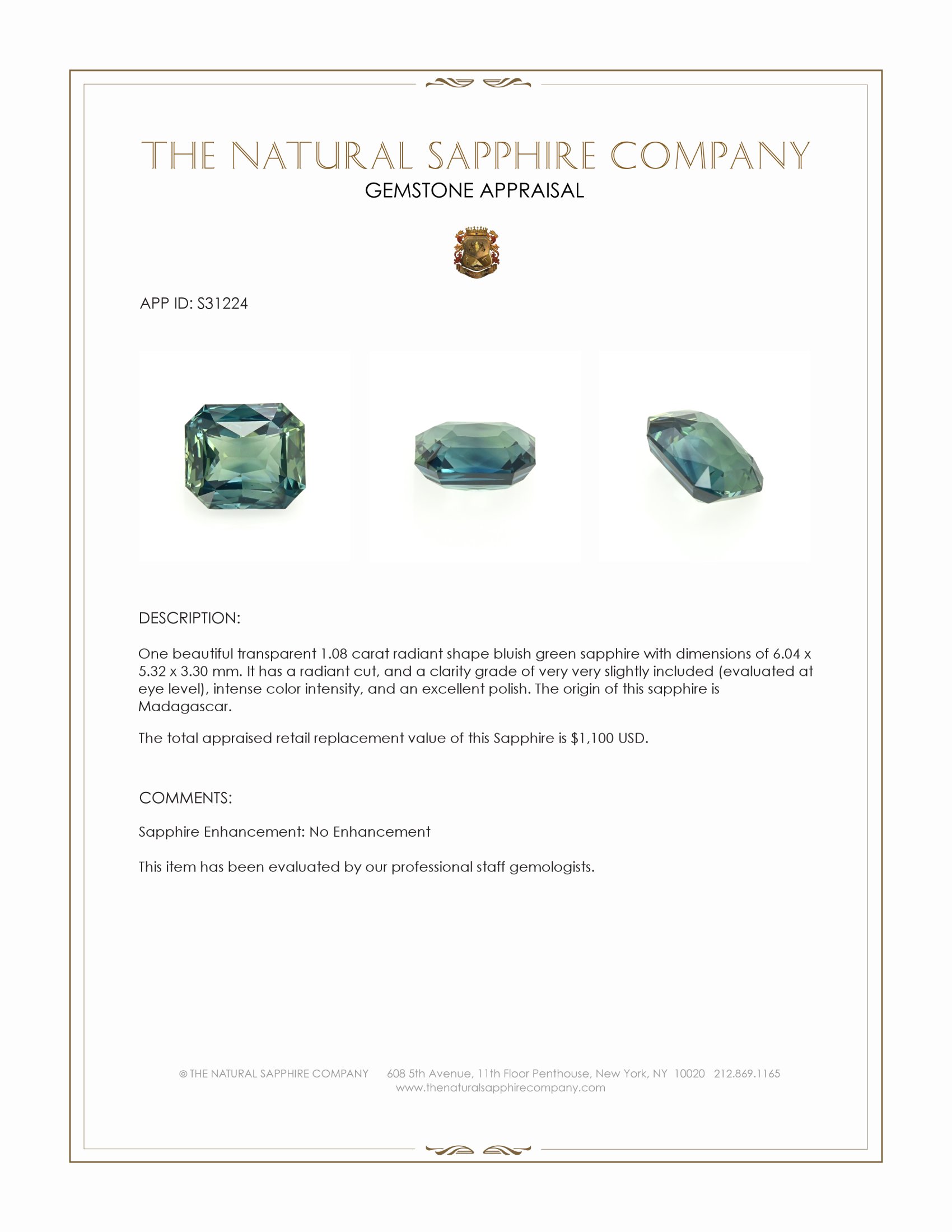 1.08 Ct. Bluish Green Sapphire from Madagascar