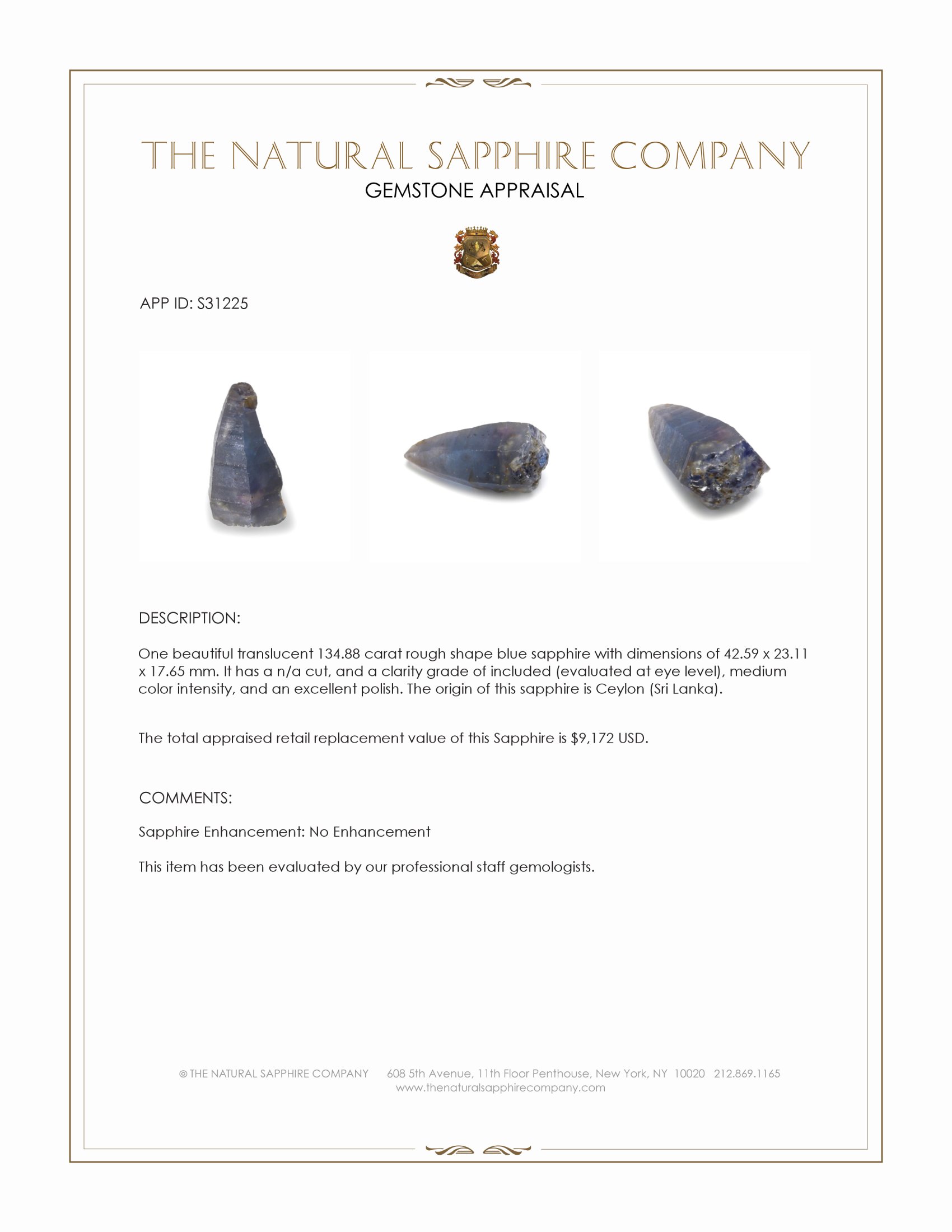 134.88 Ct. Blue Rough Sapphire from Ceylon (Sri Lanka)