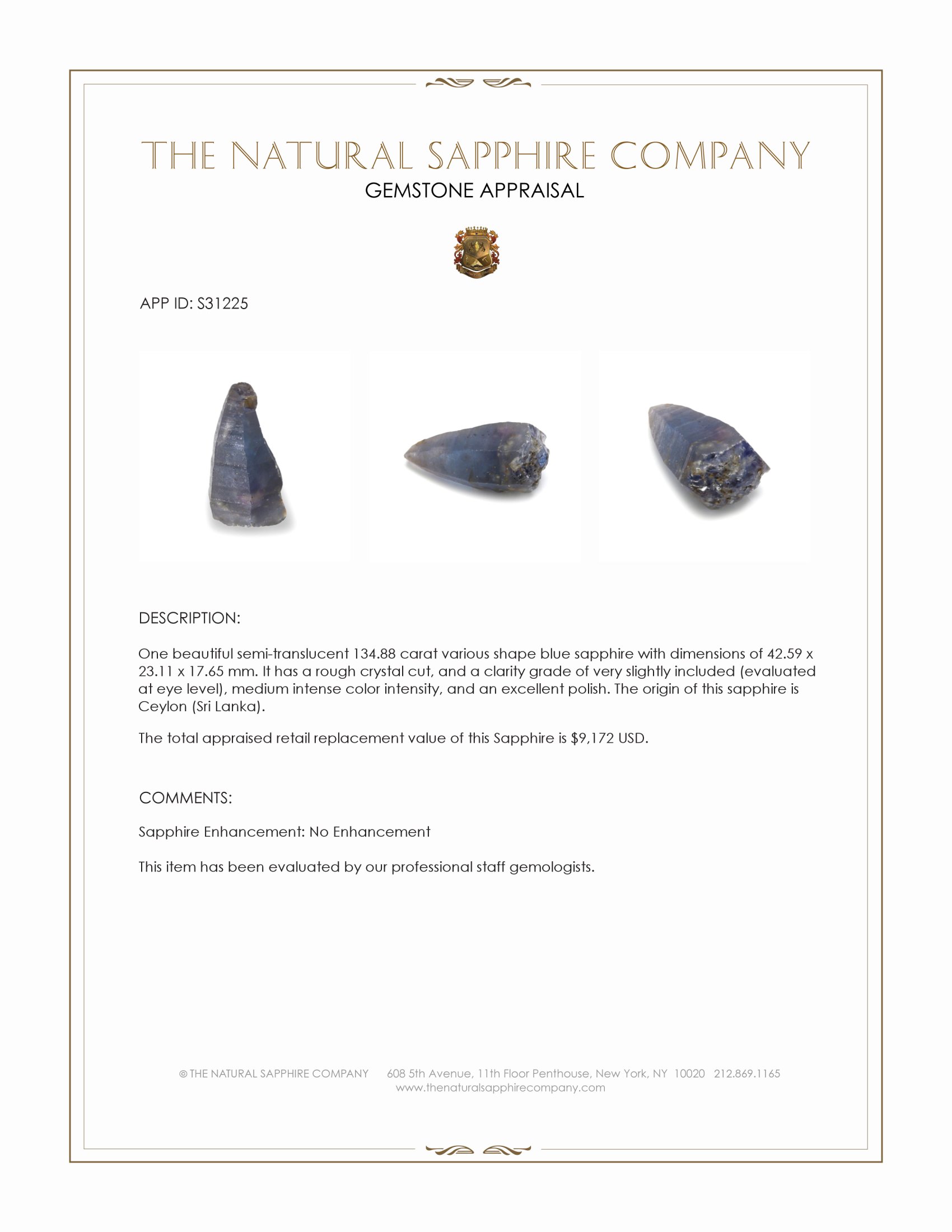 134.88 Ct. Blue Sapphire Crystal from Ceylon (Sri Lanka)