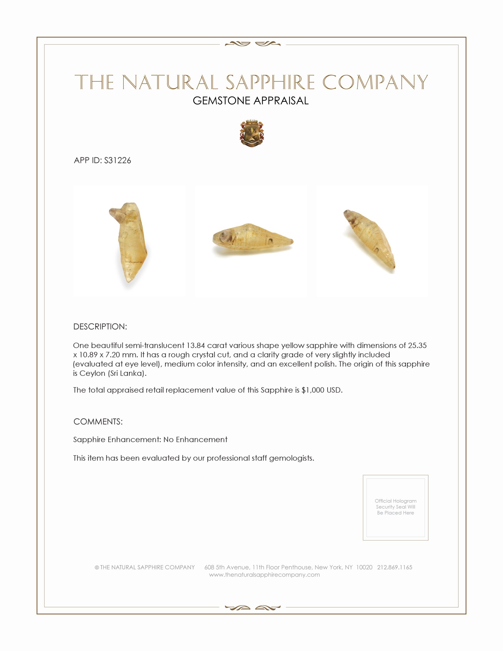 13.84 Ct. Yellow Sapphire Crystal from Ceylon (Sri Lanka)