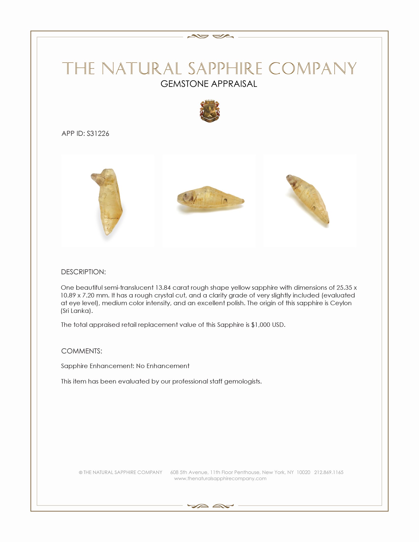 13.84 Ct. Yellow Rough Sapphire Crystal from Ceylon (Sri Lanka)