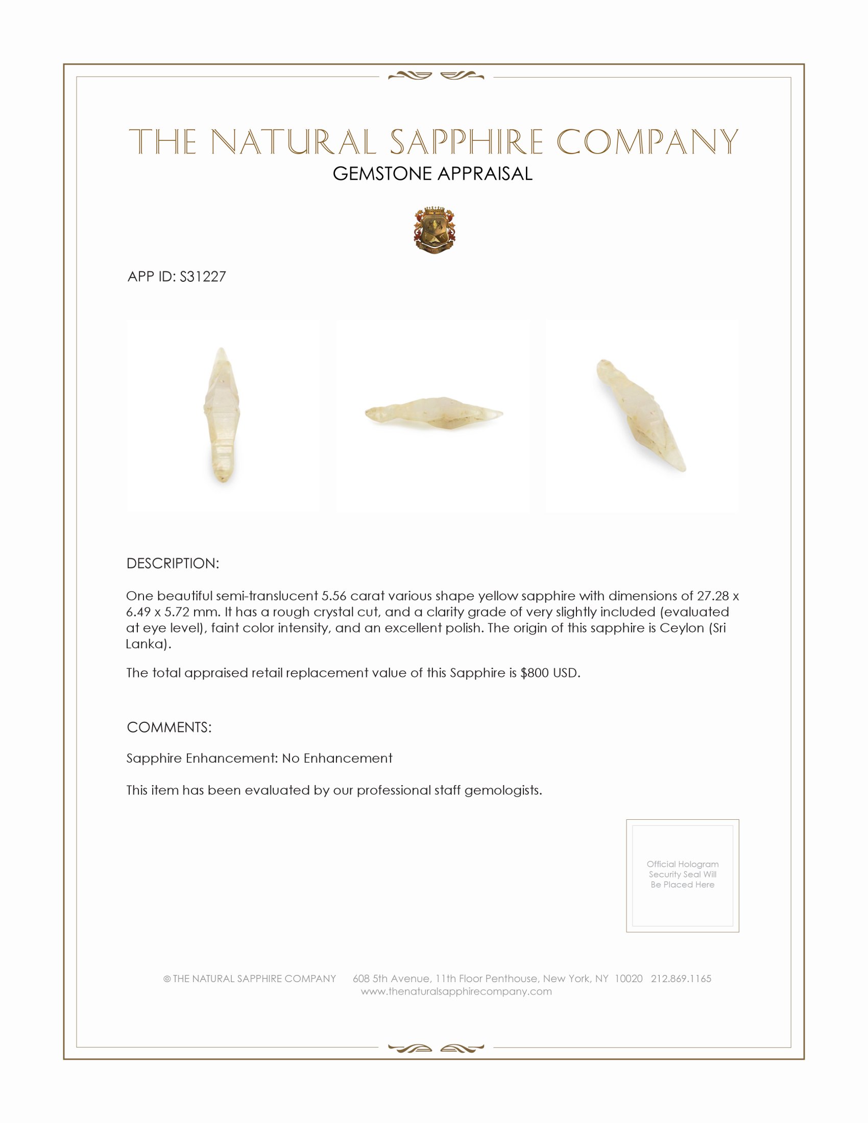 5.56 Ct. Yellow Rough Sapphire from Ceylon (Sri Lanka)