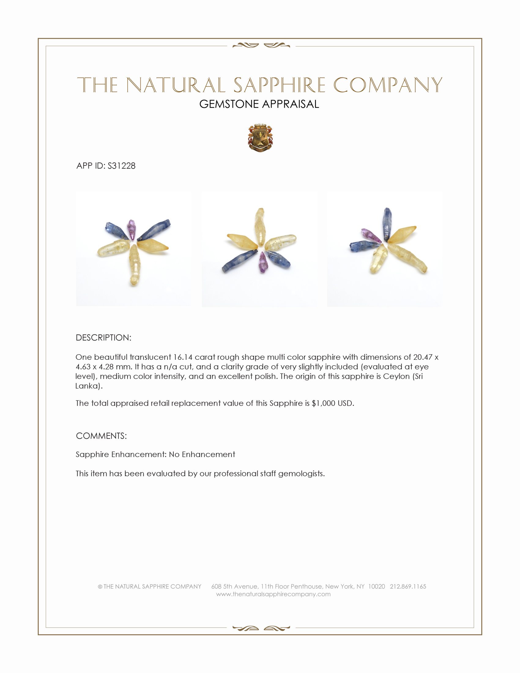 16.14 Ct. Multi Color Rough Sapphire from Ceylon (Sri Lanka)