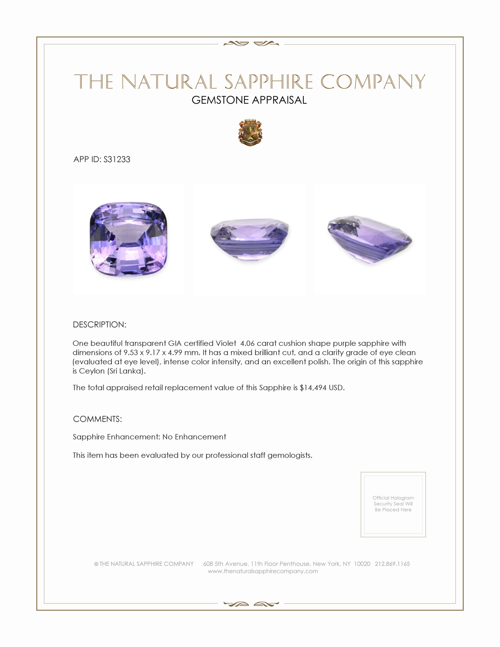 4.06 Ct. Purple Sapphire from Ceylon (Sri Lanka)