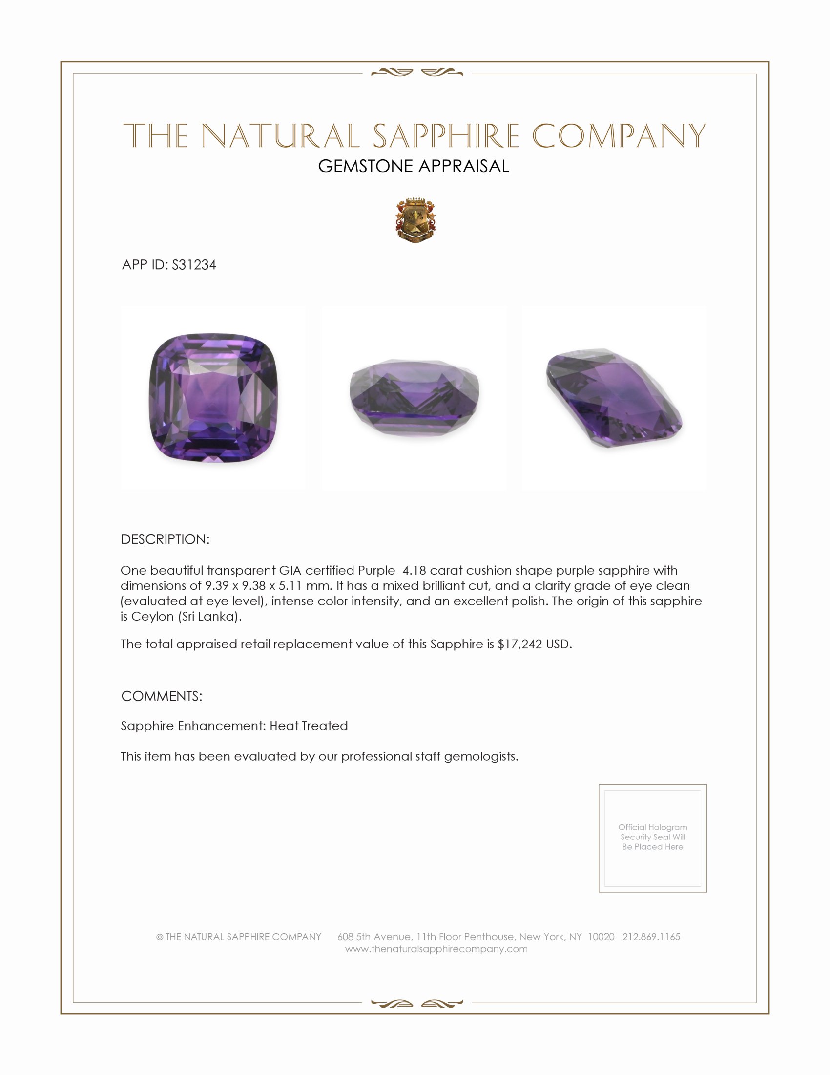 4.18 Ct. Purple Sapphire from Ceylon (Sri Lanka)