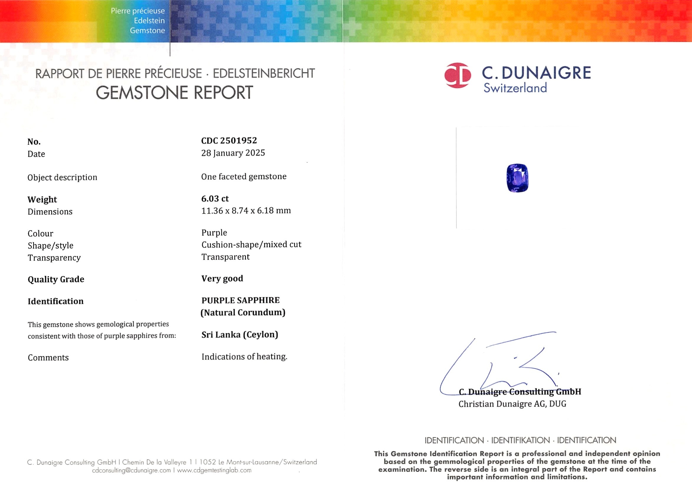 6.03 Ct. Purple Sapphire from Ceylon (Sri Lanka)