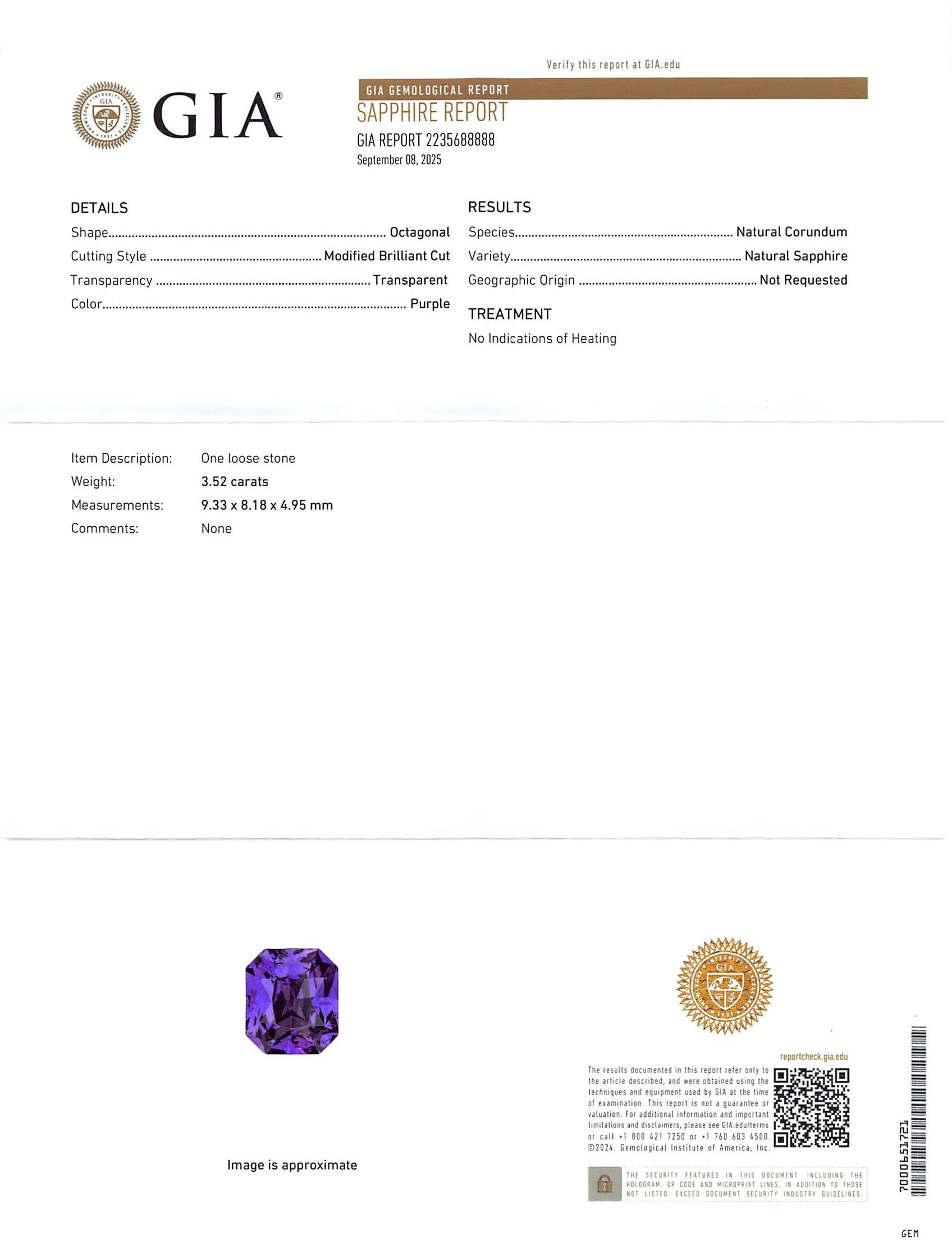 3.52 Ct. Purple Sapphire from Ceylon (Sri Lanka)