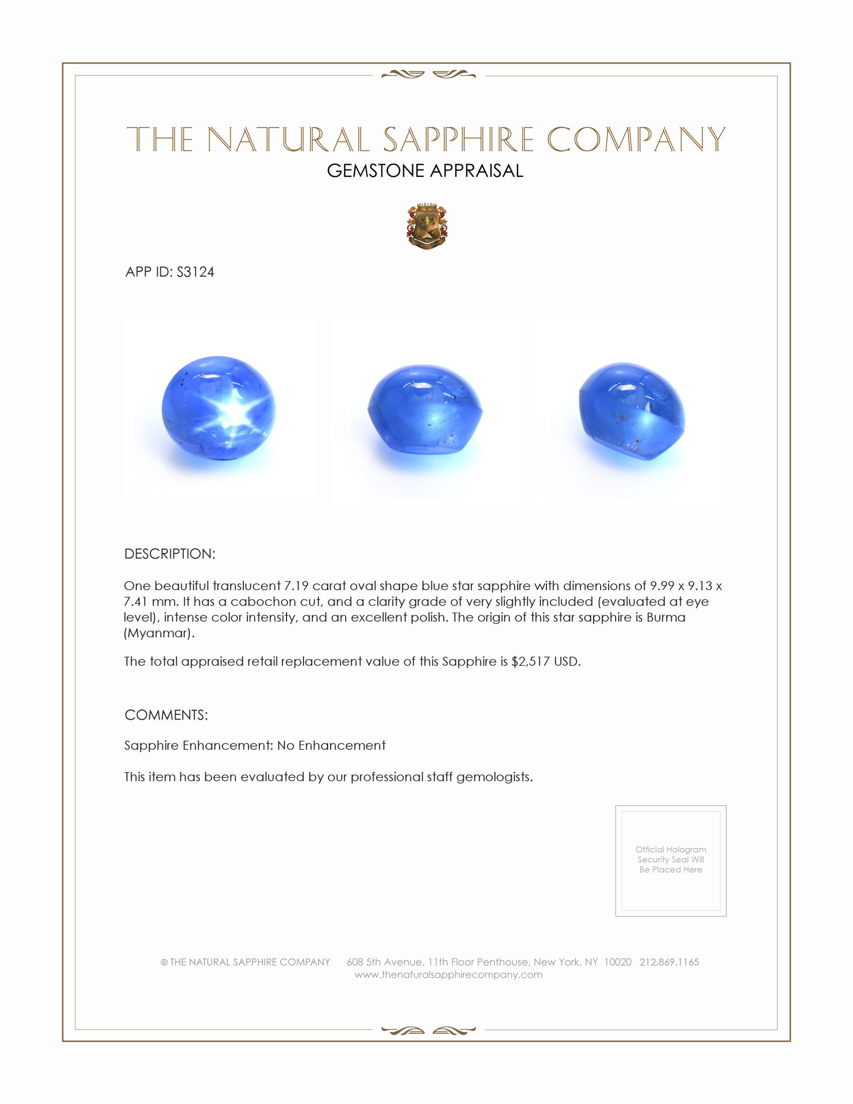 7.19 Ct. Blue Star Sapphire from Burma (Myanmar)