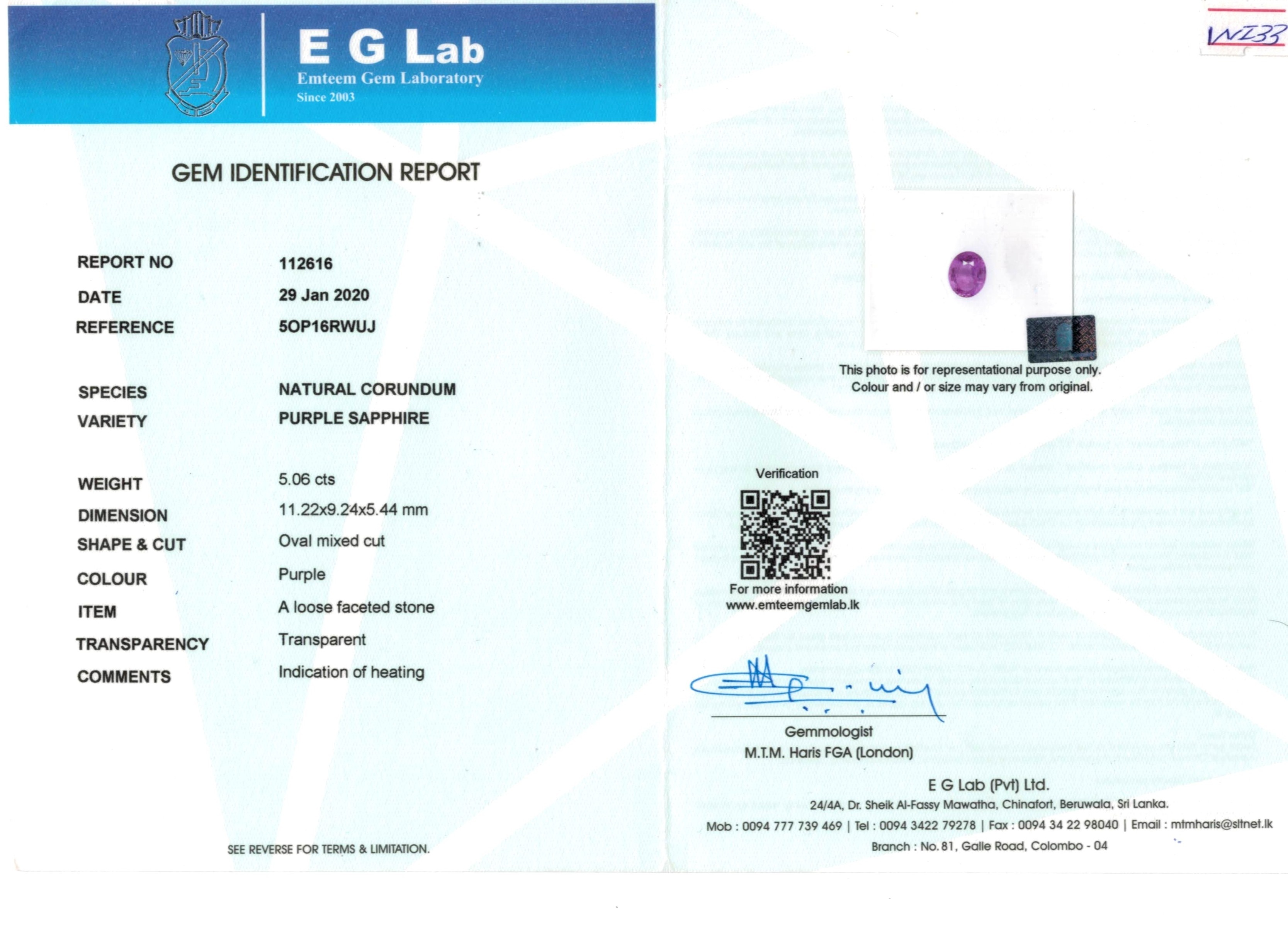 5.06 Ct. Purple Sapphire from Ceylon (Sri Lanka)