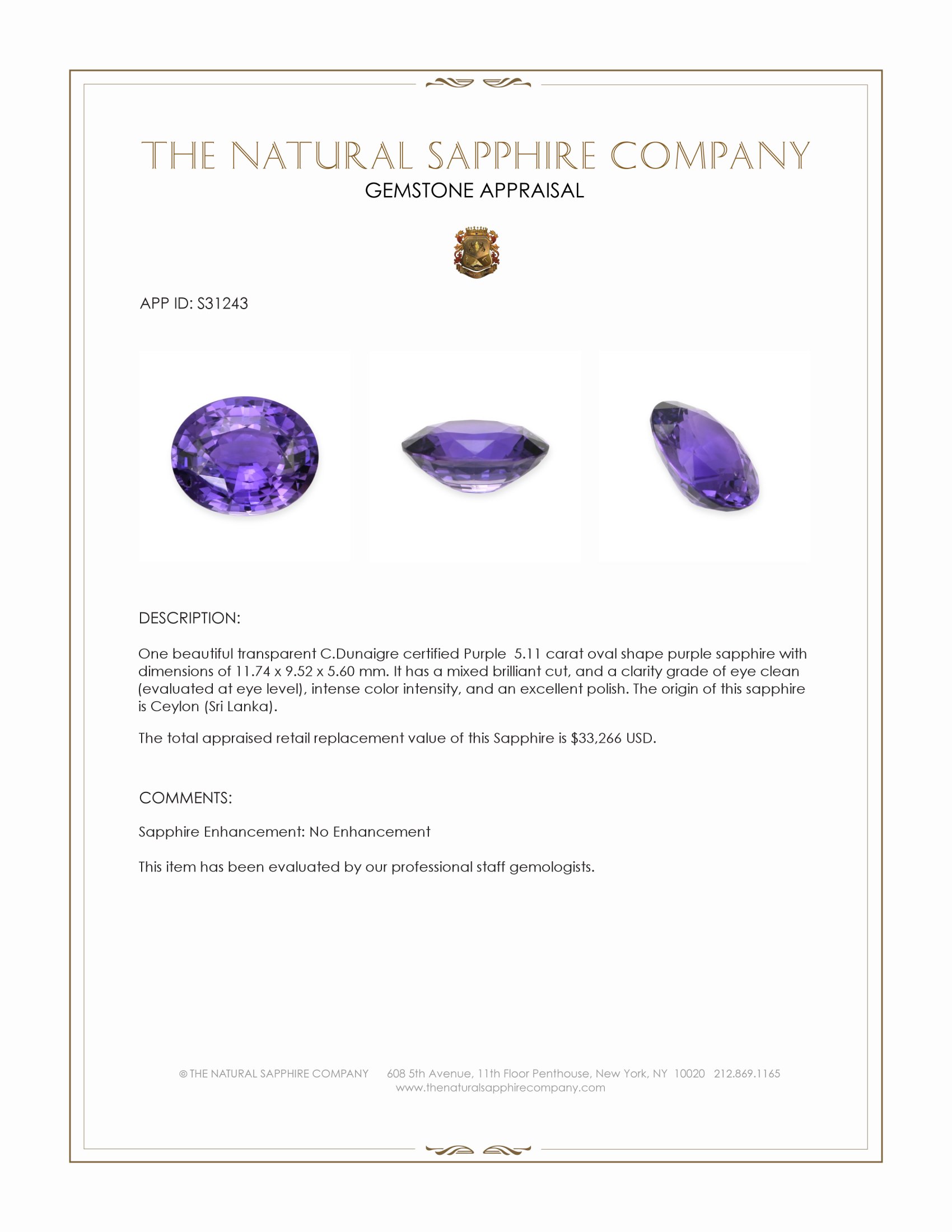 5.11 Ct. Purple Sapphire from Ceylon (Sri Lanka)