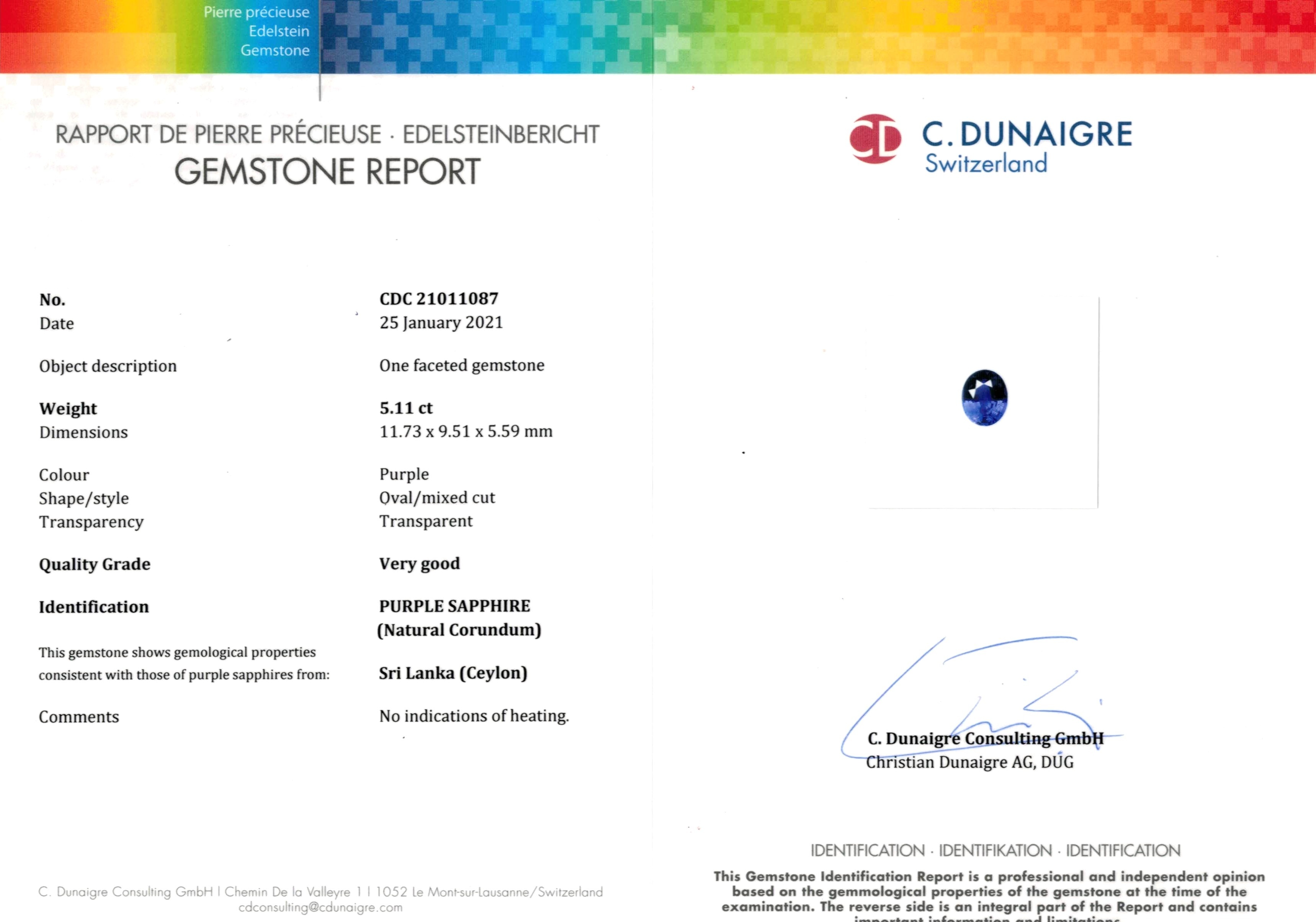 5.11 Ct. Purple Sapphire from Ceylon (Sri Lanka)