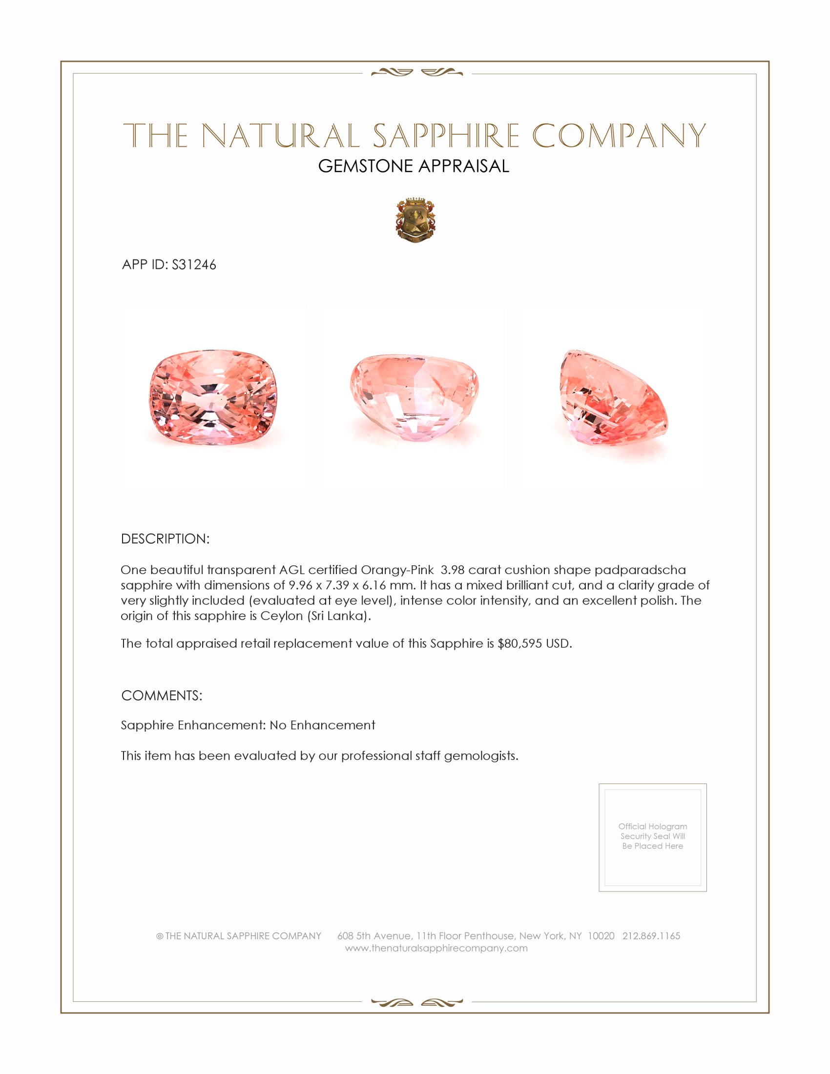 3.98 Ct. Padparadscha Sapphire from Ceylon (Sri Lanka)