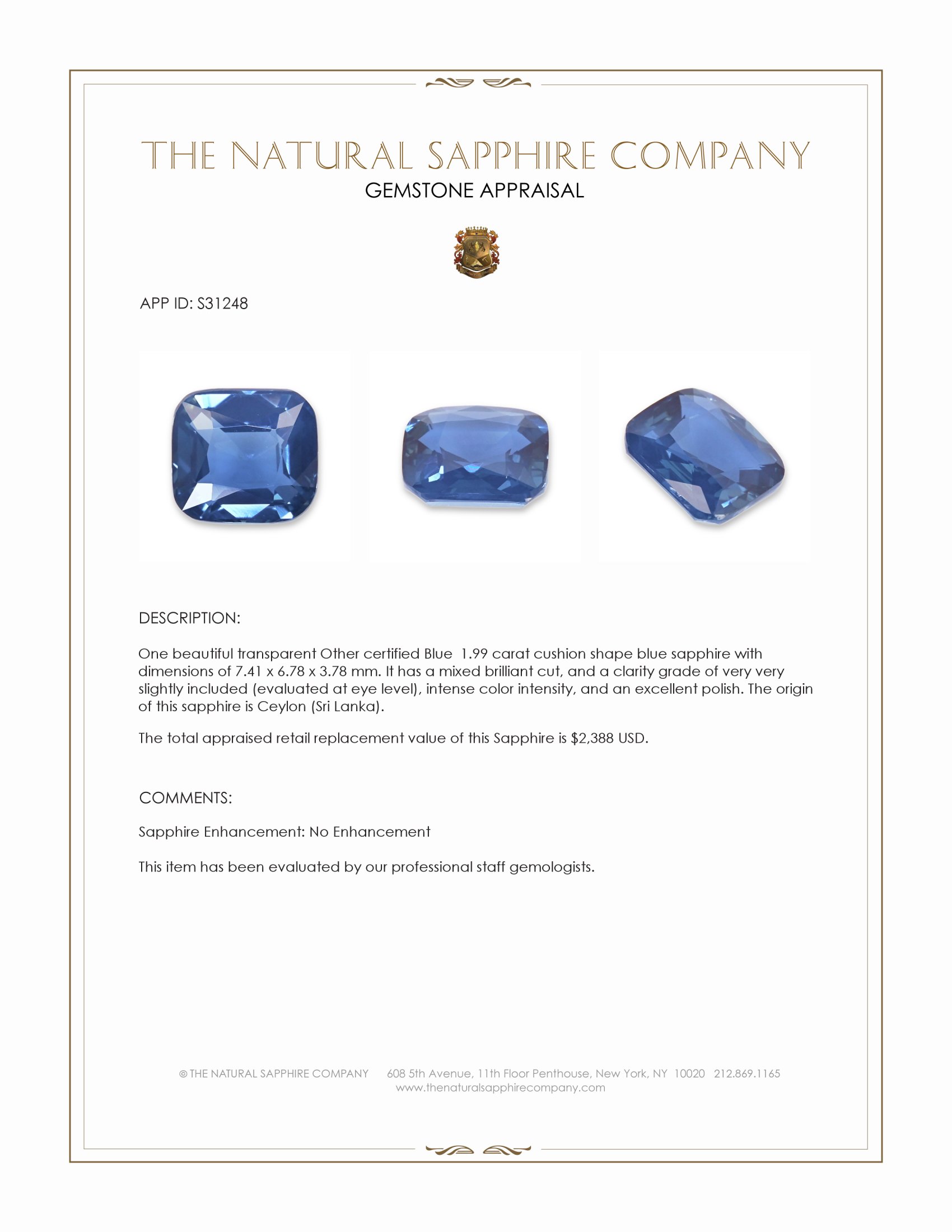 1.99 Ct. Blue Sapphire from Ceylon (Sri Lanka)