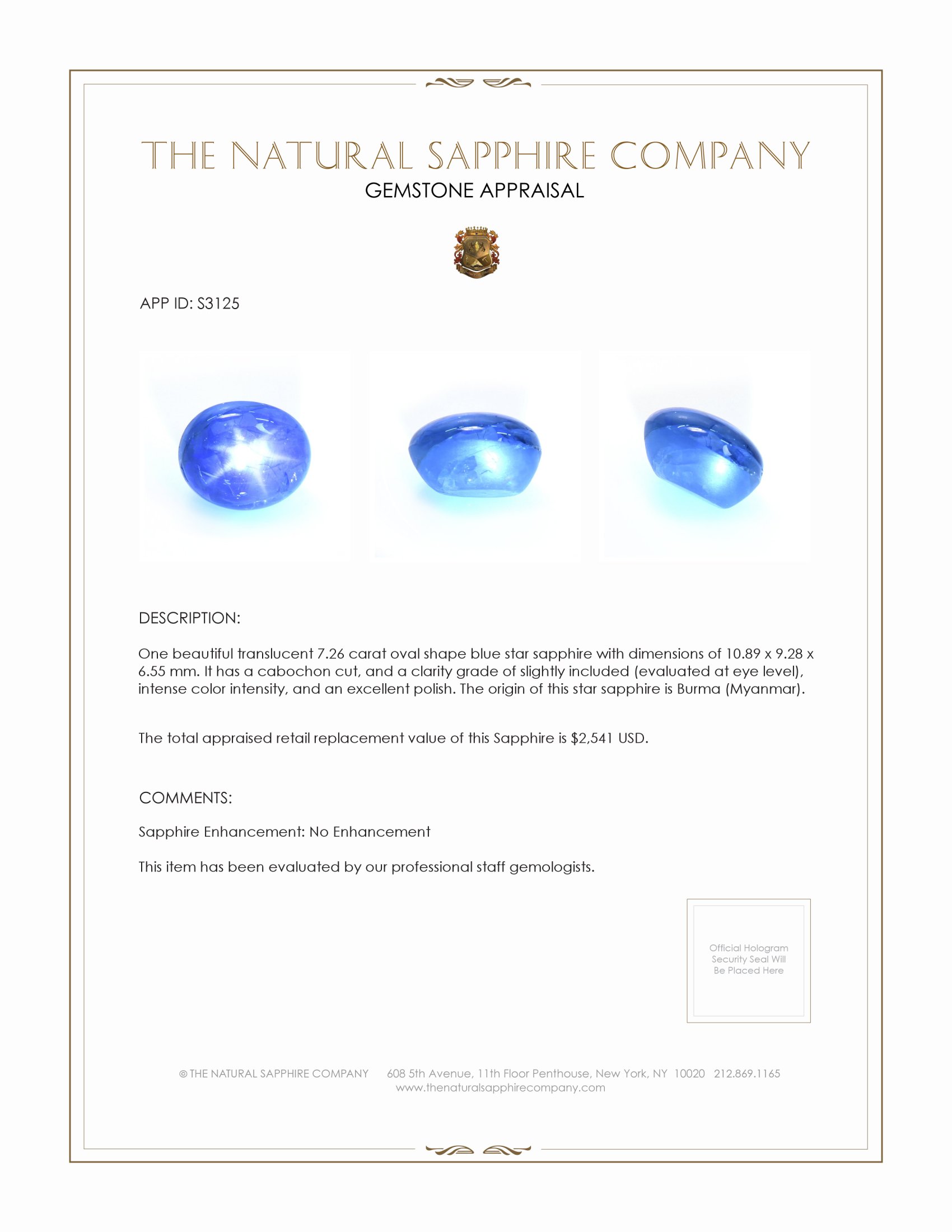 7.26 Ct. Blue Star Sapphire from Burma (Myanmar)