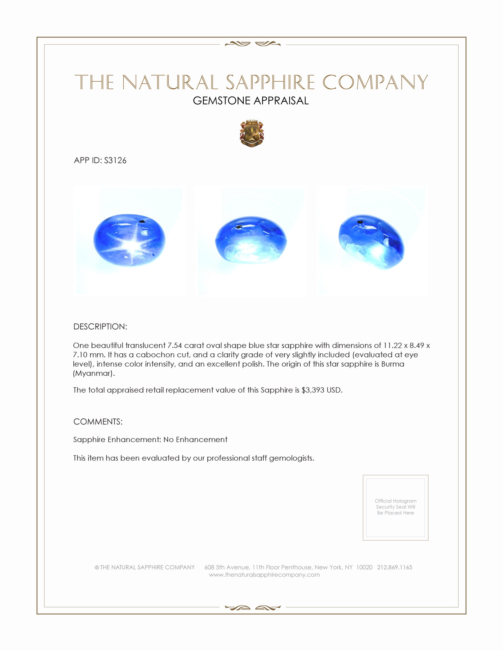 7.54 Ct. Blue Star Sapphire from Burma (Myanmar)