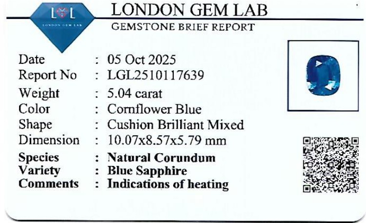 5.04 Ct. Blue Sapphire from Ceylon (Sri Lanka)