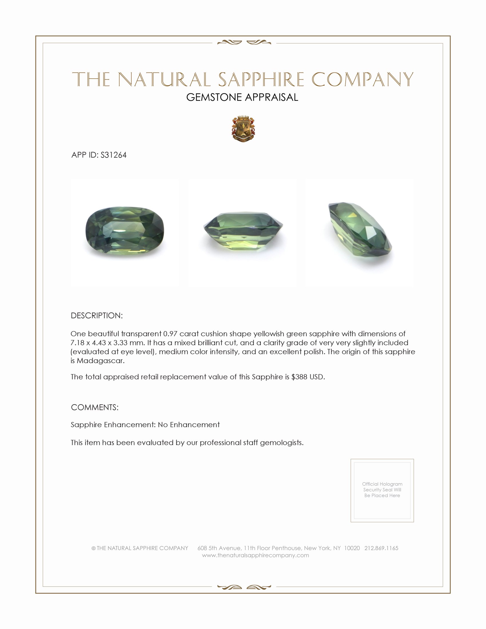 0.97 Ct. Yellowish Green Sapphire from Madagascar