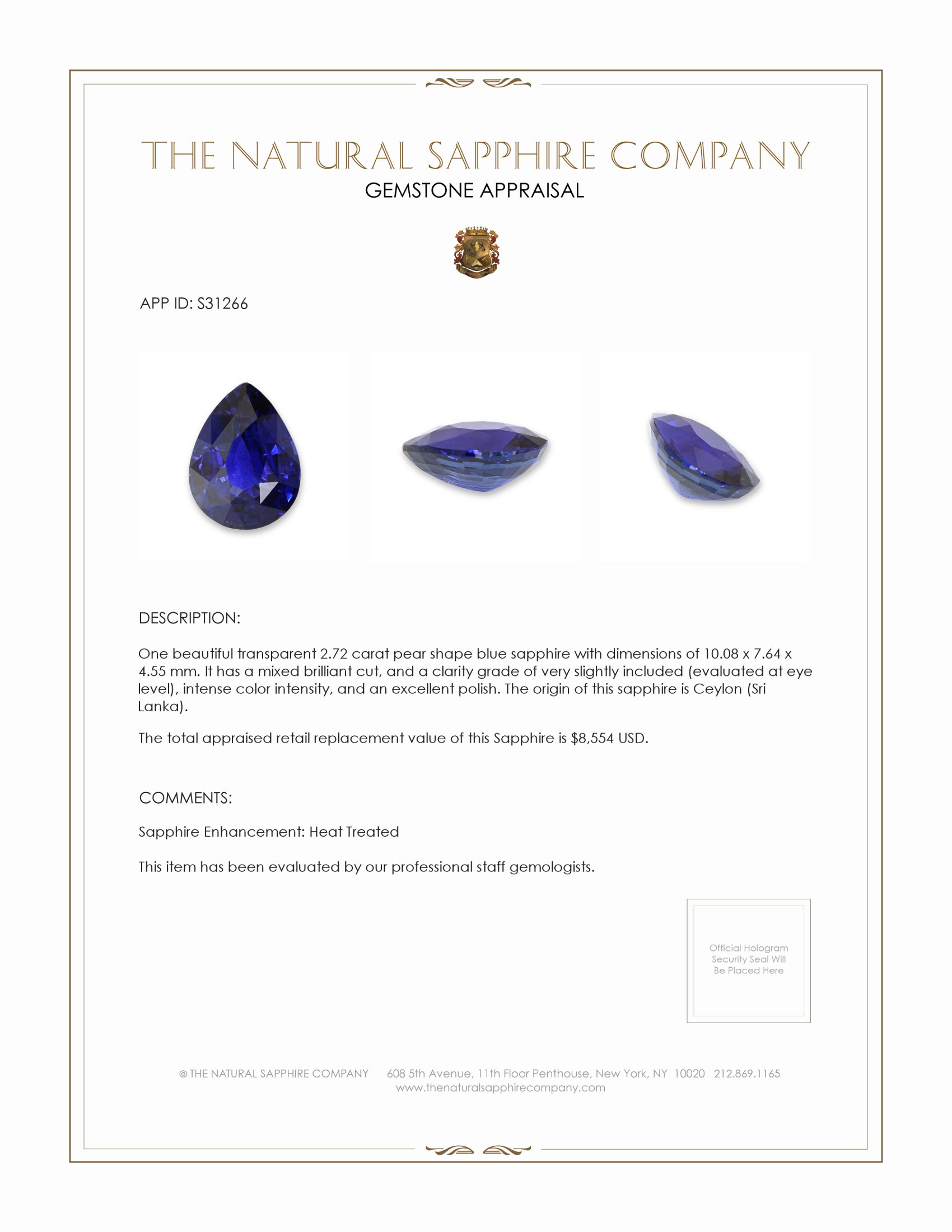 2.72 Ct. Blue Sapphire from Ceylon (Sri Lanka)