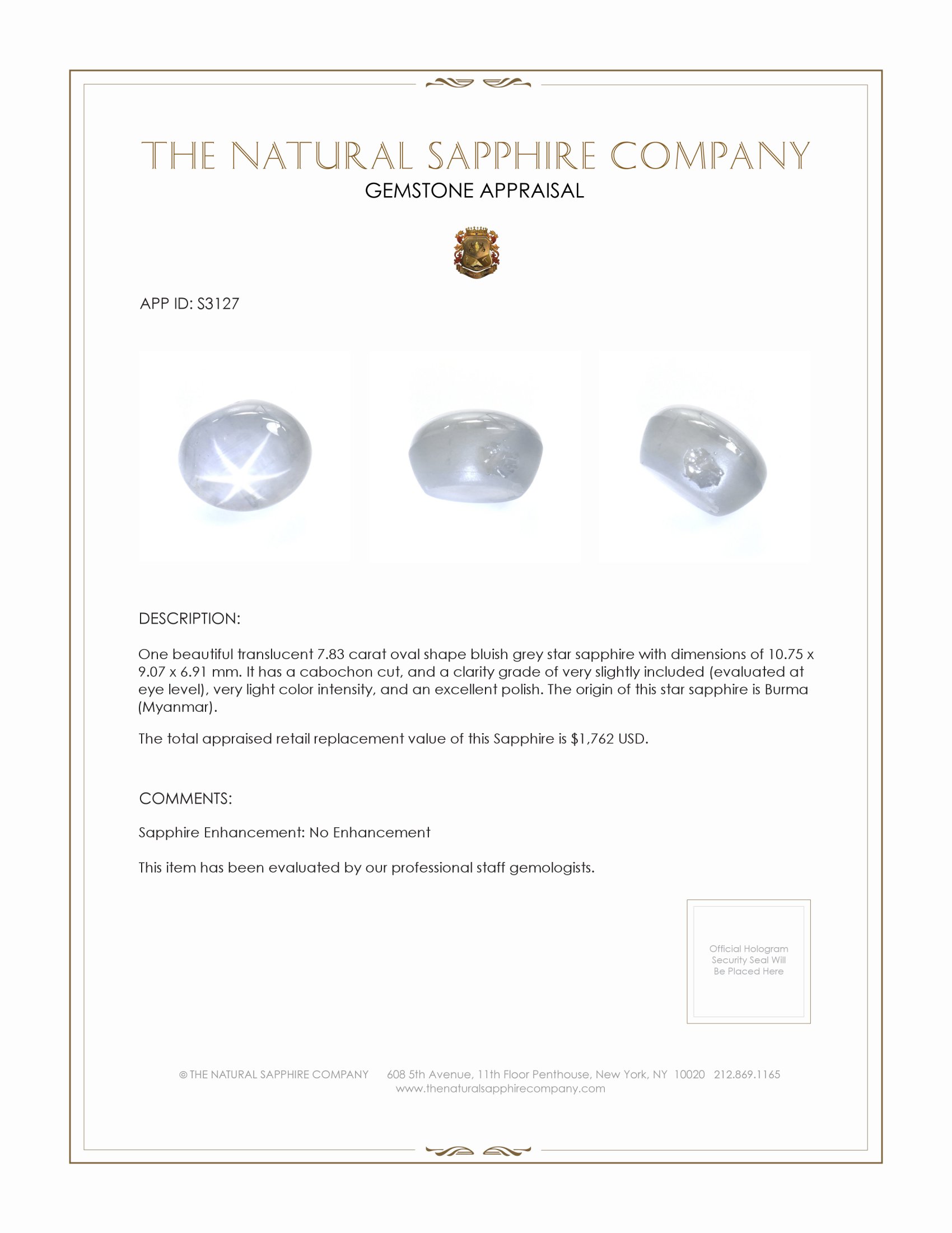 7.83 Ct. Bluish Grey Star Sapphire from Burma (Myanmar)