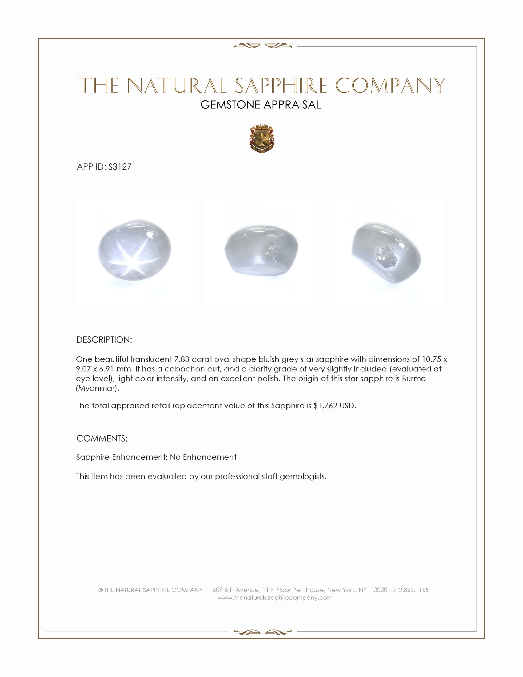 7.83 Ct. Bluish Grey Star Sapphire from Burma (Myanmar)