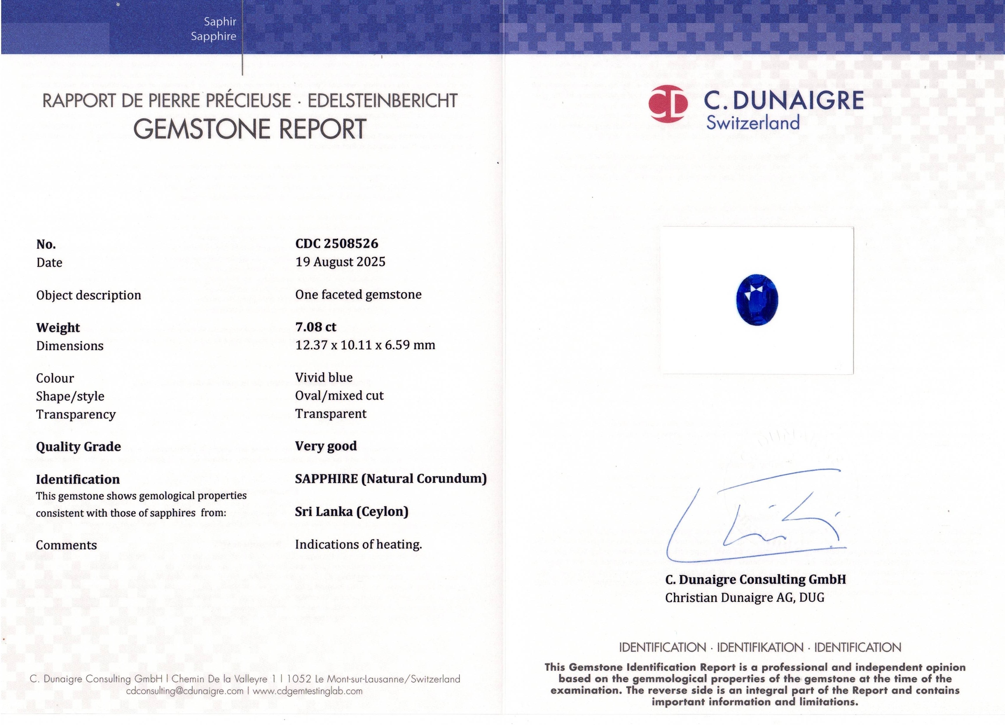 7.08 Ct. Blue Sapphire from Ceylon (Sri Lanka)
