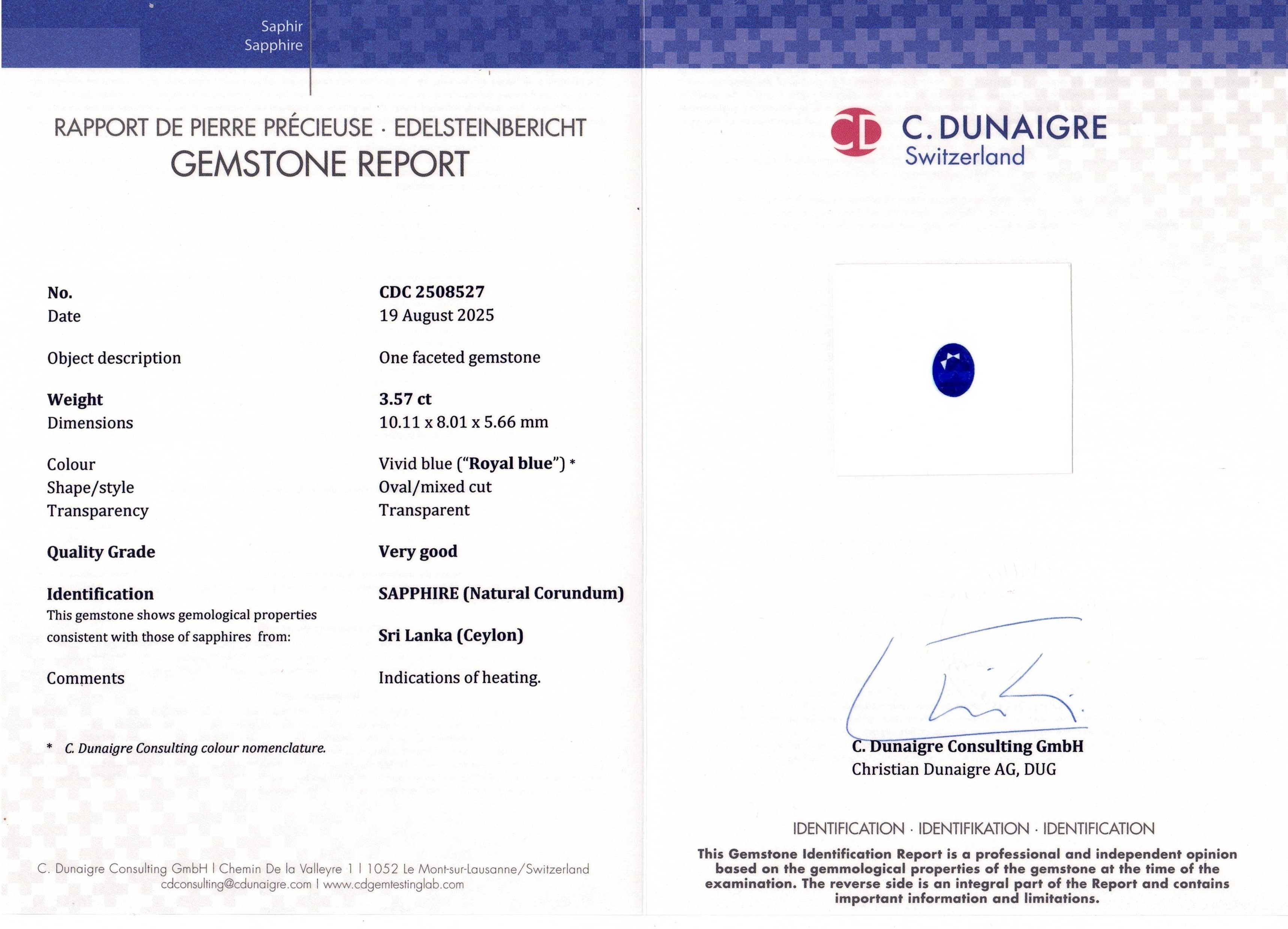 3.57 Ct. Blue Sapphire from Ceylon (Sri Lanka)