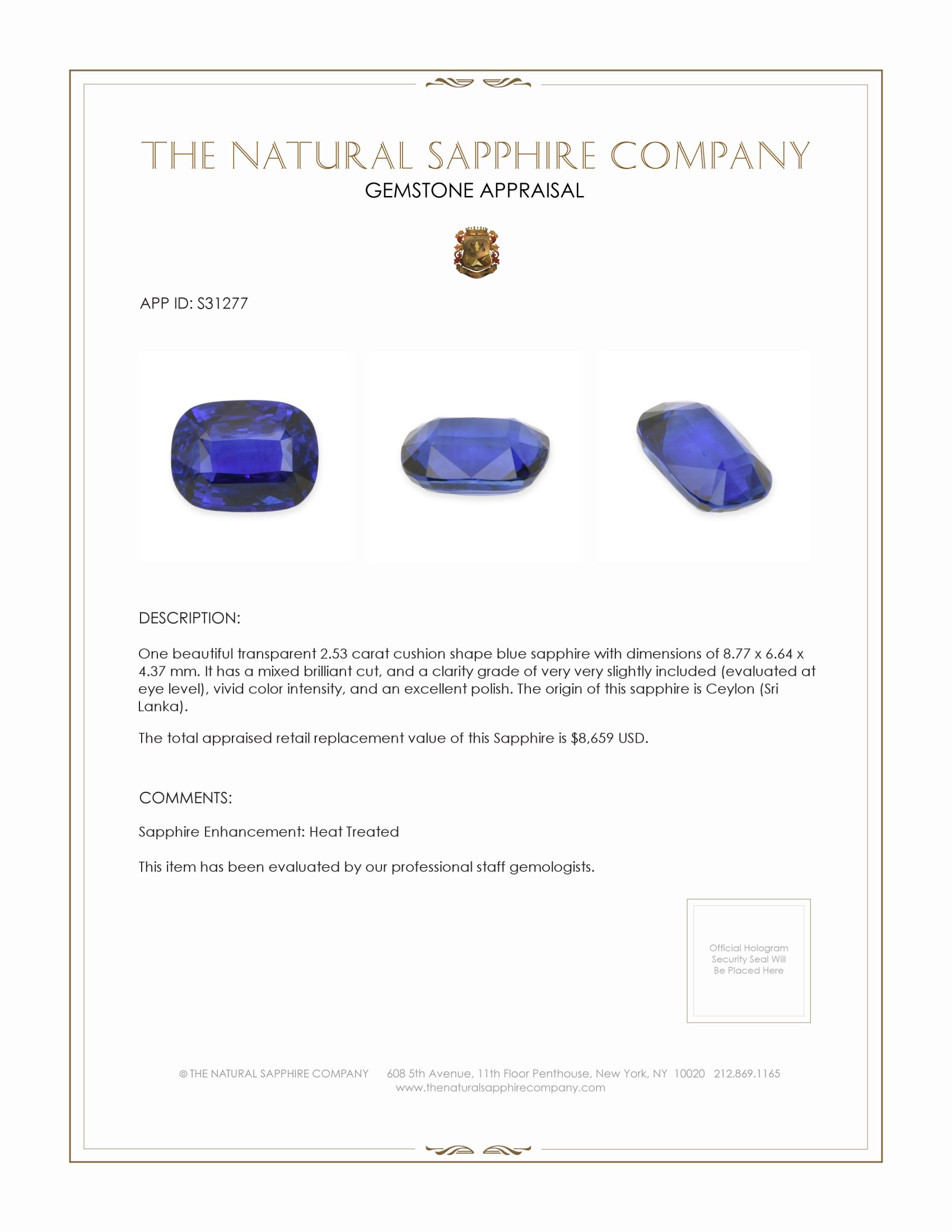 2.53 Ct. Blue Sapphire from Ceylon (Sri Lanka)