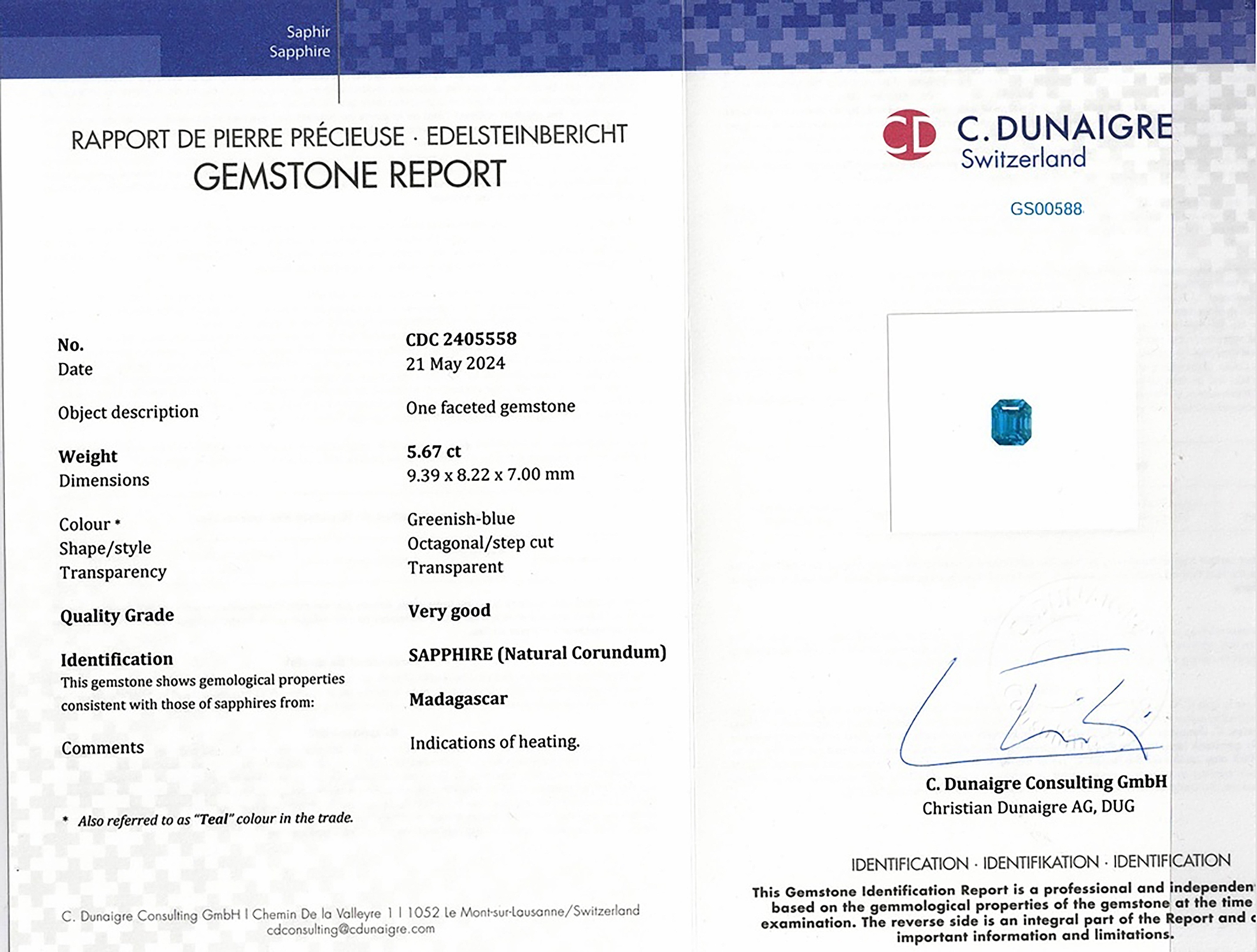 5.67 Ct. Greenish Blue Sapphire from Madagascar