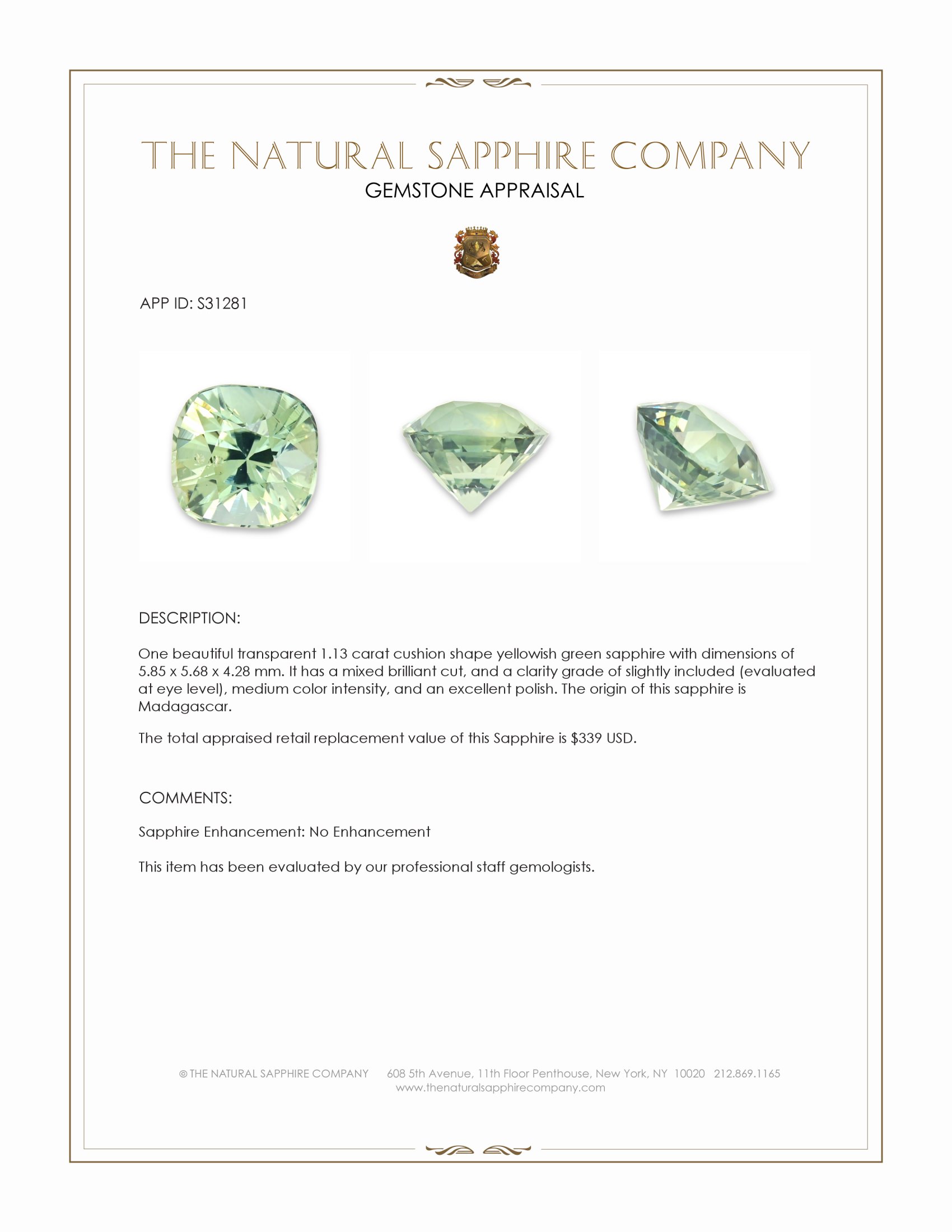 1.13 Ct. Yellowish Green Sapphire from Madagascar