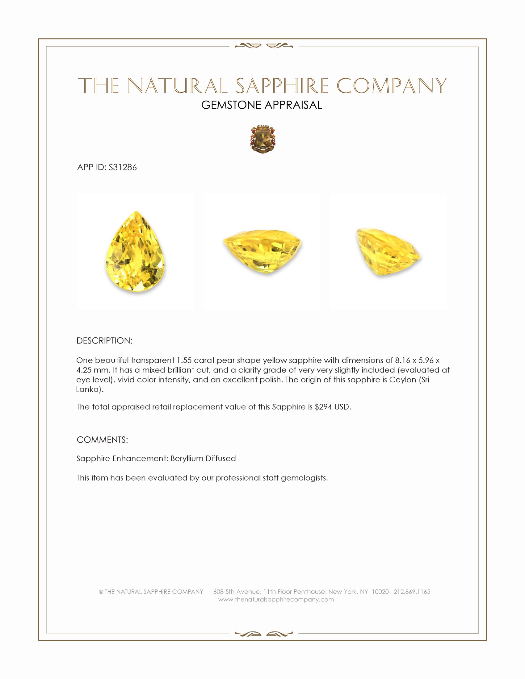 1.55 Ct. Yellow Sapphire from Ceylon (Sri Lanka)
