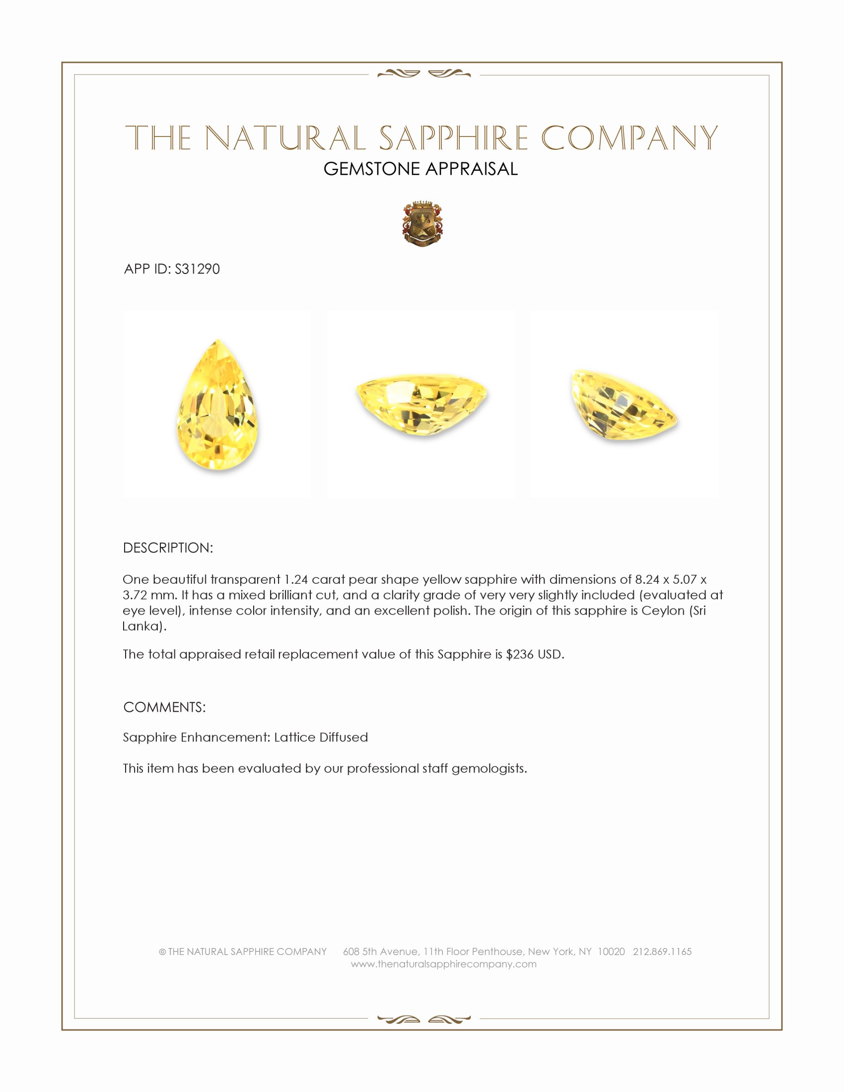 1.24 Ct. Yellow Sapphire from Ceylon (Sri Lanka)