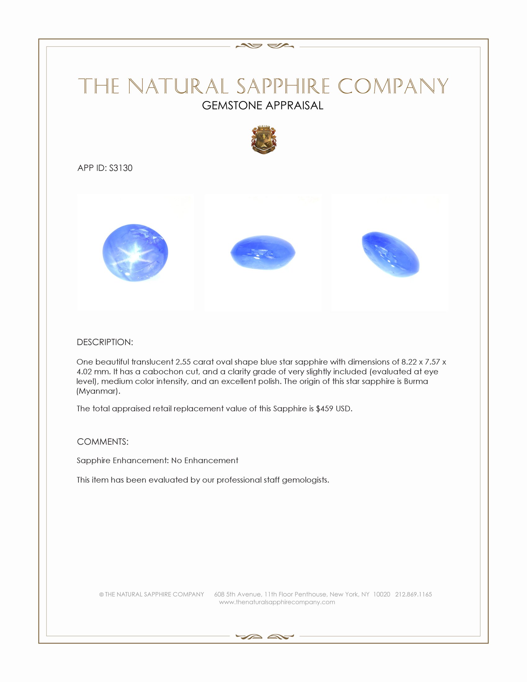 2.55 Ct. Blue Star Sapphire from Burma (Myanmar)