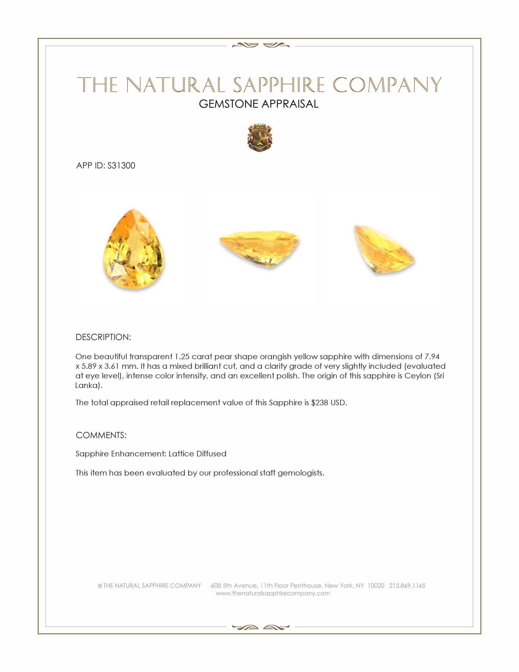 1.25 Ct. Orangish Yellow Sapphire from Ceylon (Sri Lanka)