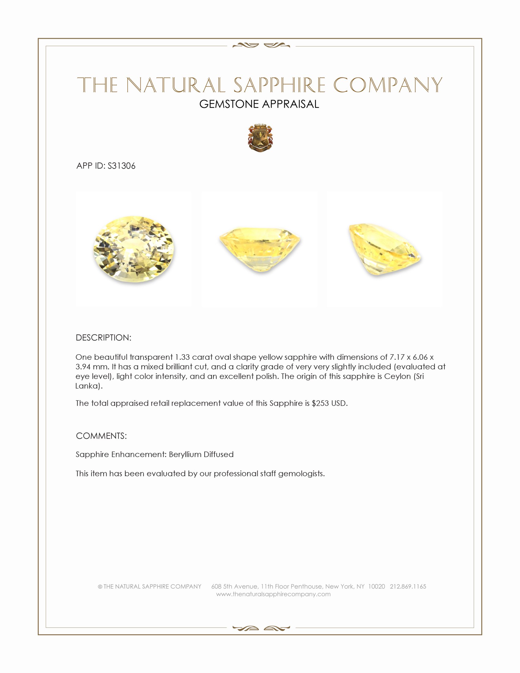 1.33 Ct. Yellow Sapphire from Ceylon (Sri Lanka)