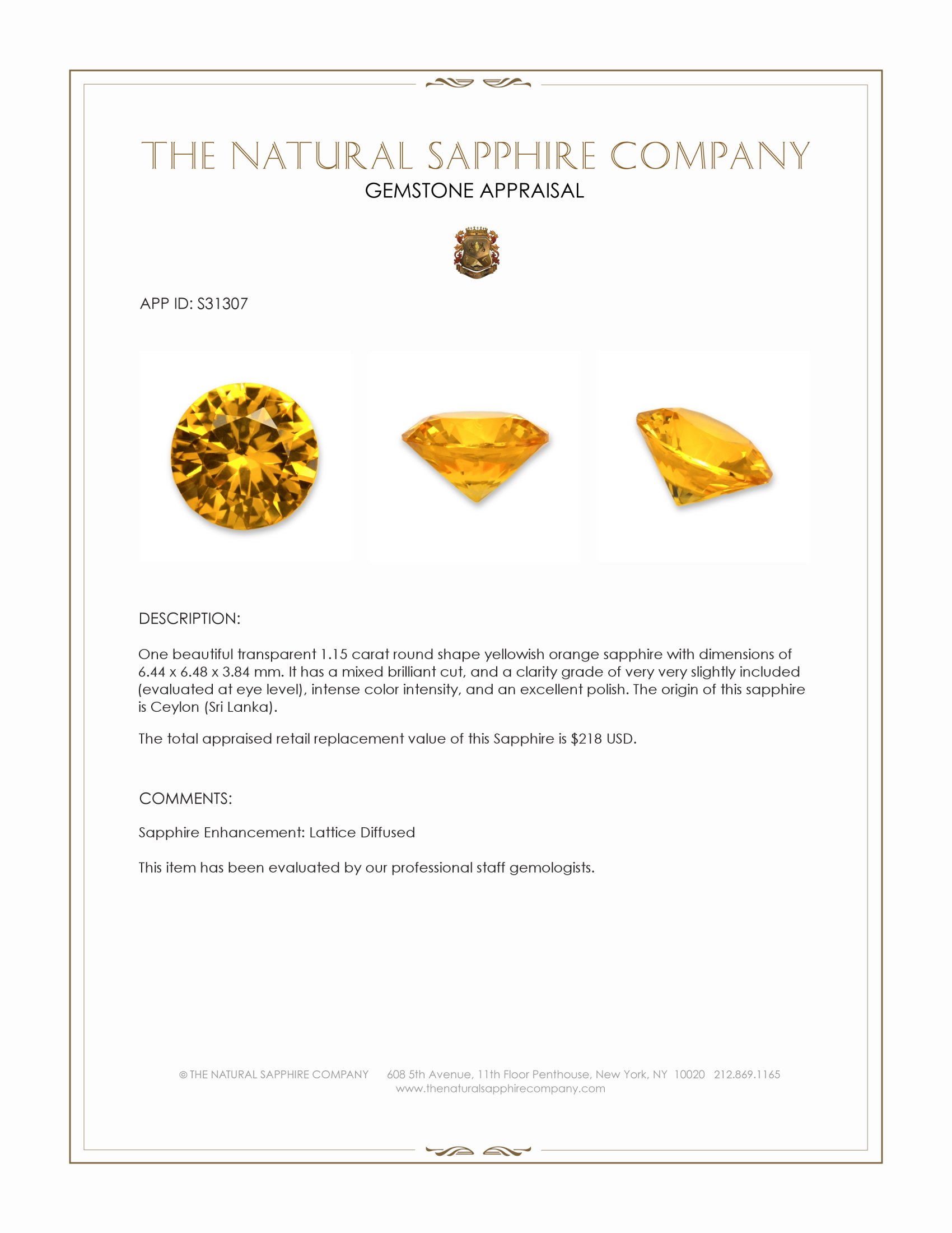 1.15 Ct. Yellowish Orange Sapphire from Ceylon (Sri Lanka)