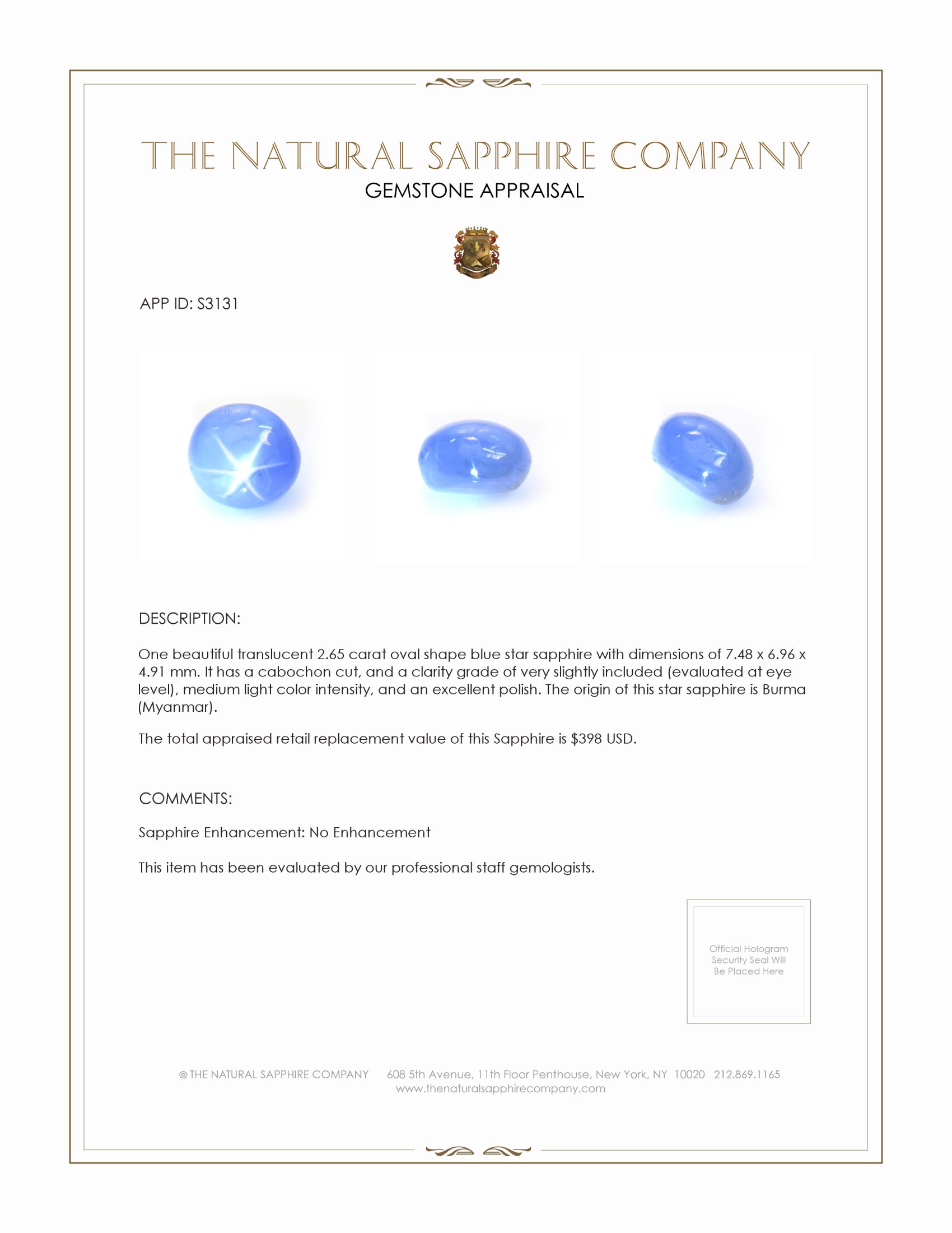 2.65 Ct. Blue Star Sapphire from Burma (Myanmar)