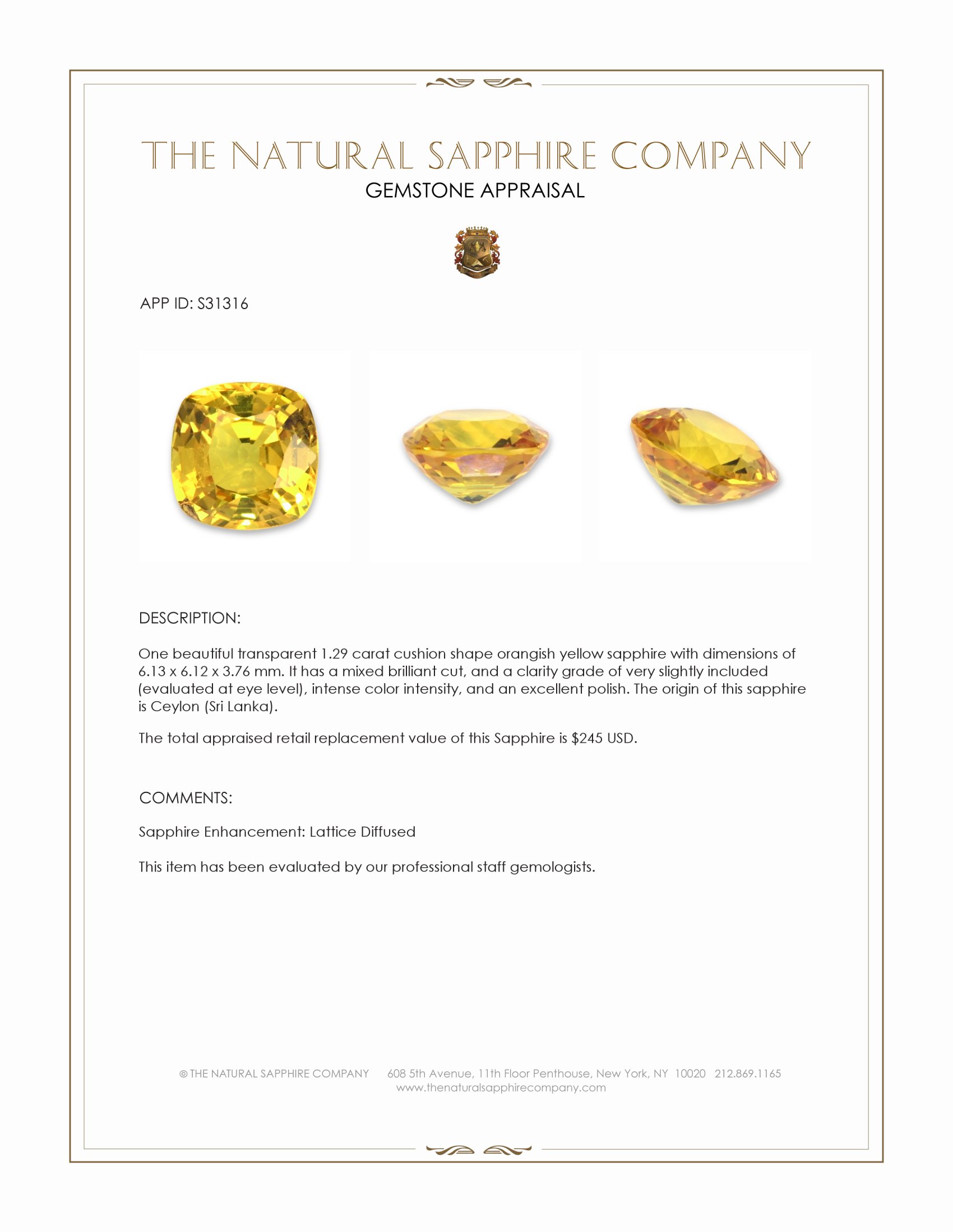 1.29 Ct. Orangish Yellow Sapphire from Ceylon (Sri Lanka)