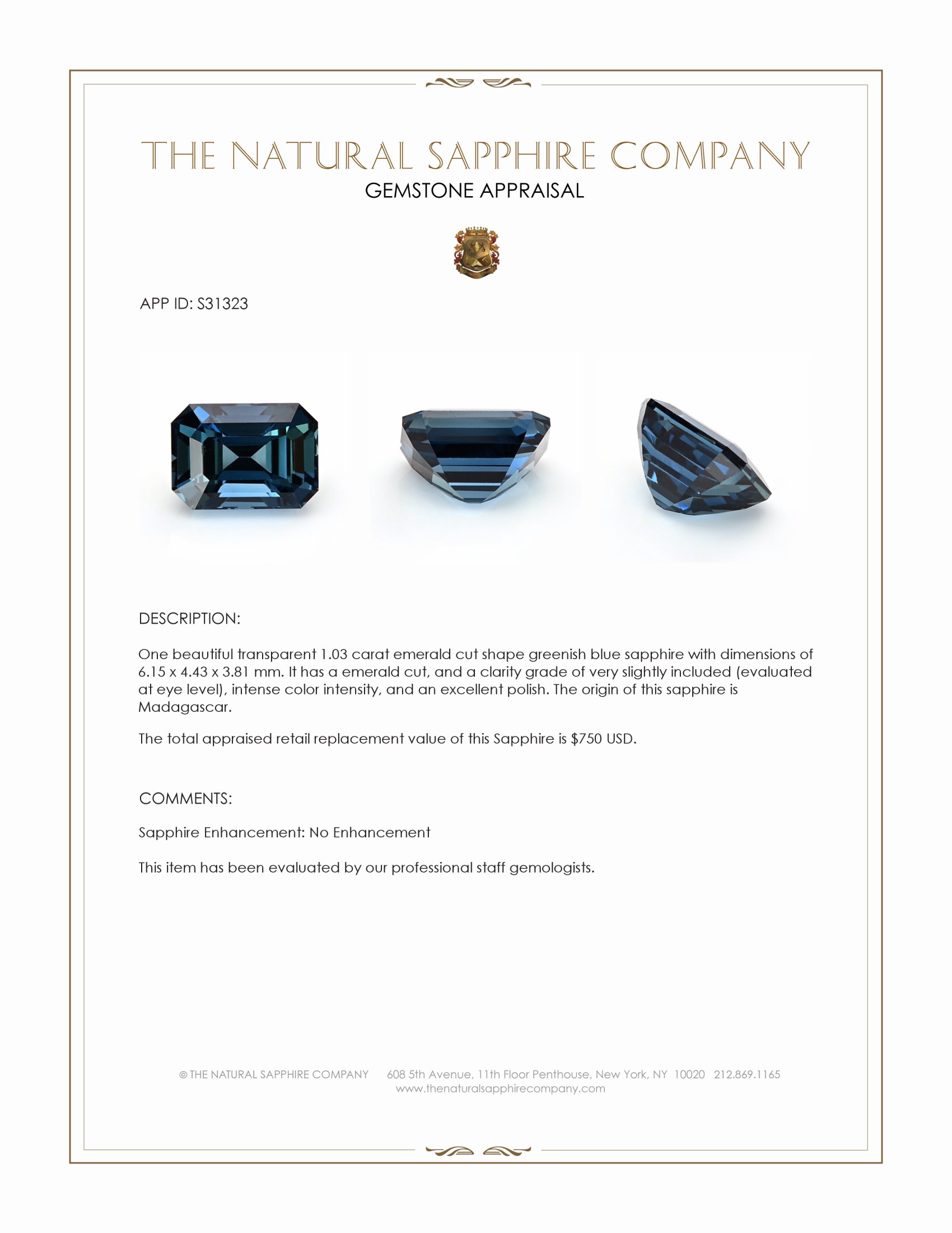 1.03 Ct. Greenish Blue Sapphire from Madagascar