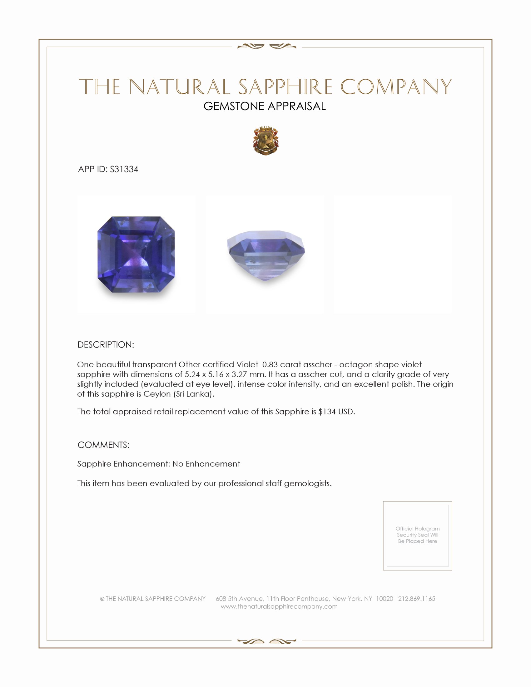 0.83 Ct. Violet Sapphire from Ceylon (Sri Lanka)