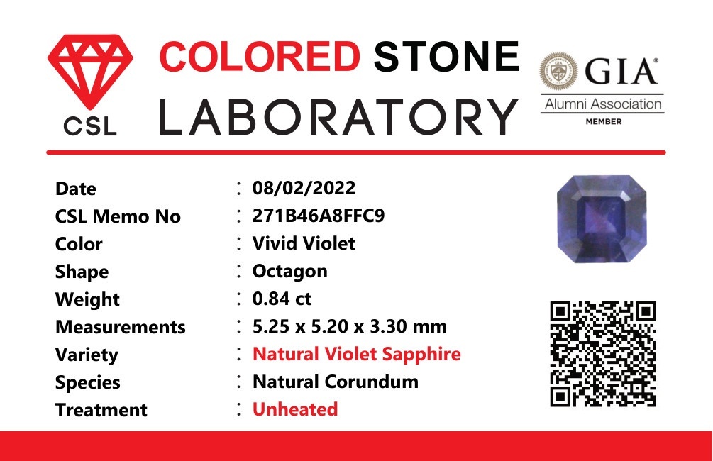 0.83 Ct. Violet Sapphire from Ceylon (Sri Lanka)