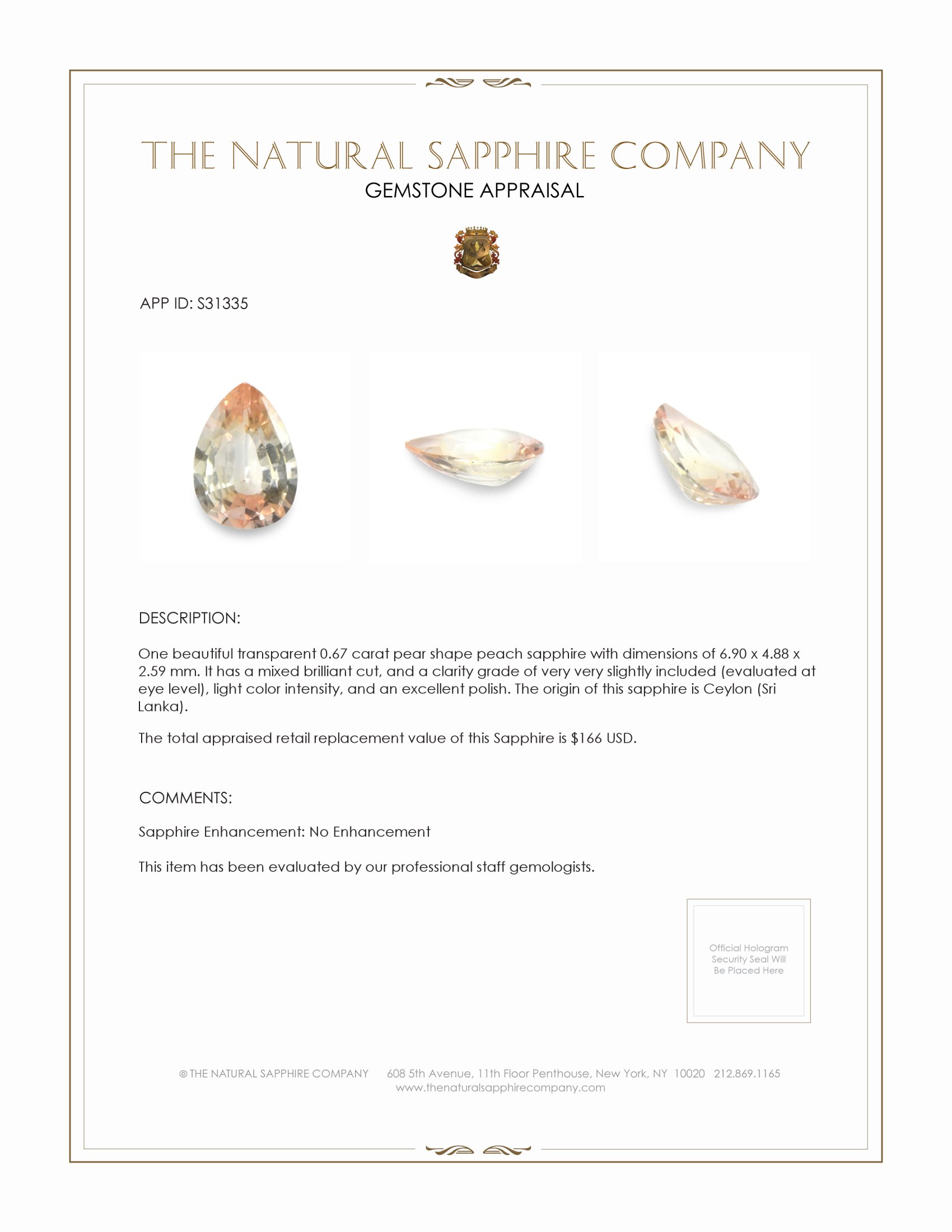 0.67 Ct. Peach Sapphire from Ceylon (Sri Lanka)