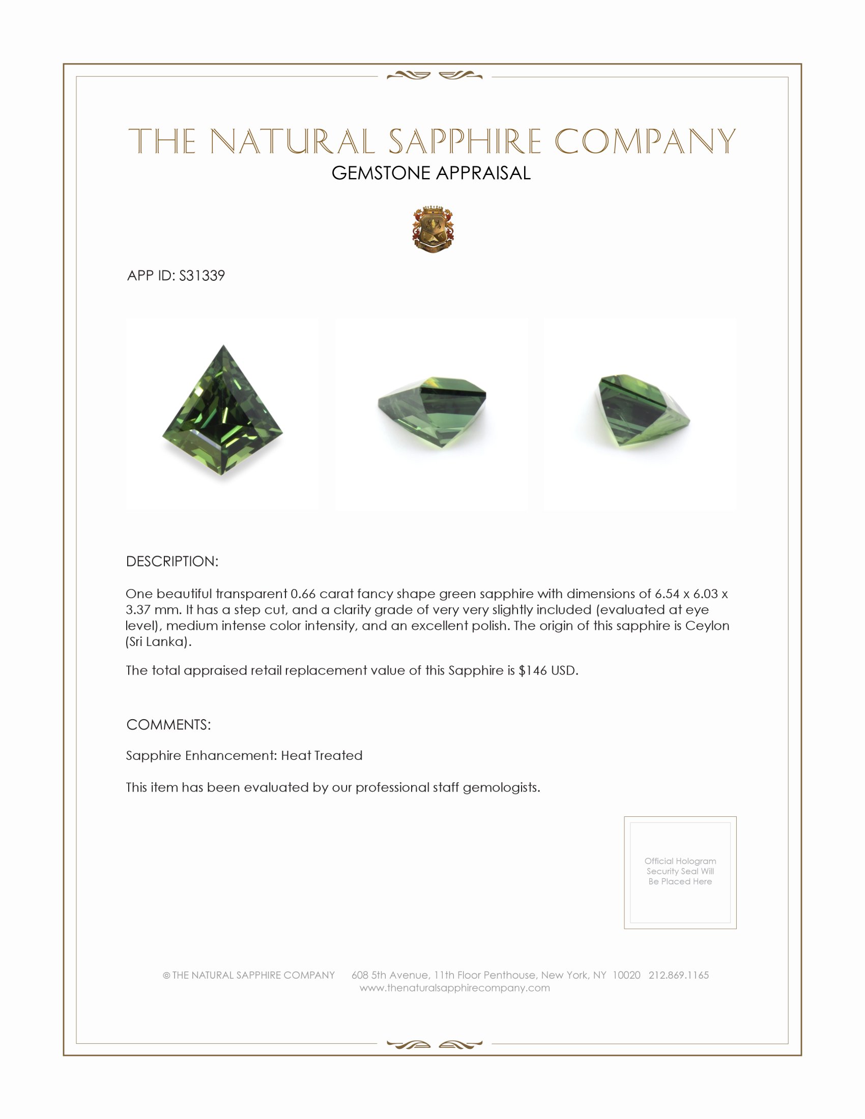 0.66 Ct. Green Sapphire from Ceylon (Sri Lanka)