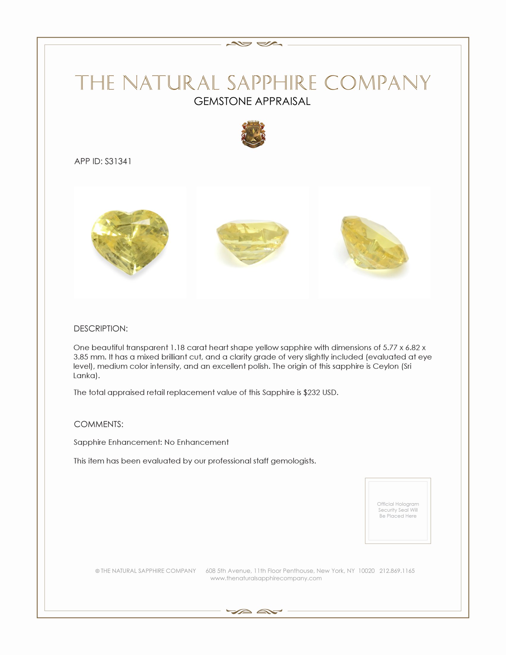 1.18 Ct. Yellow Sapphire from Ceylon (Sri Lanka)